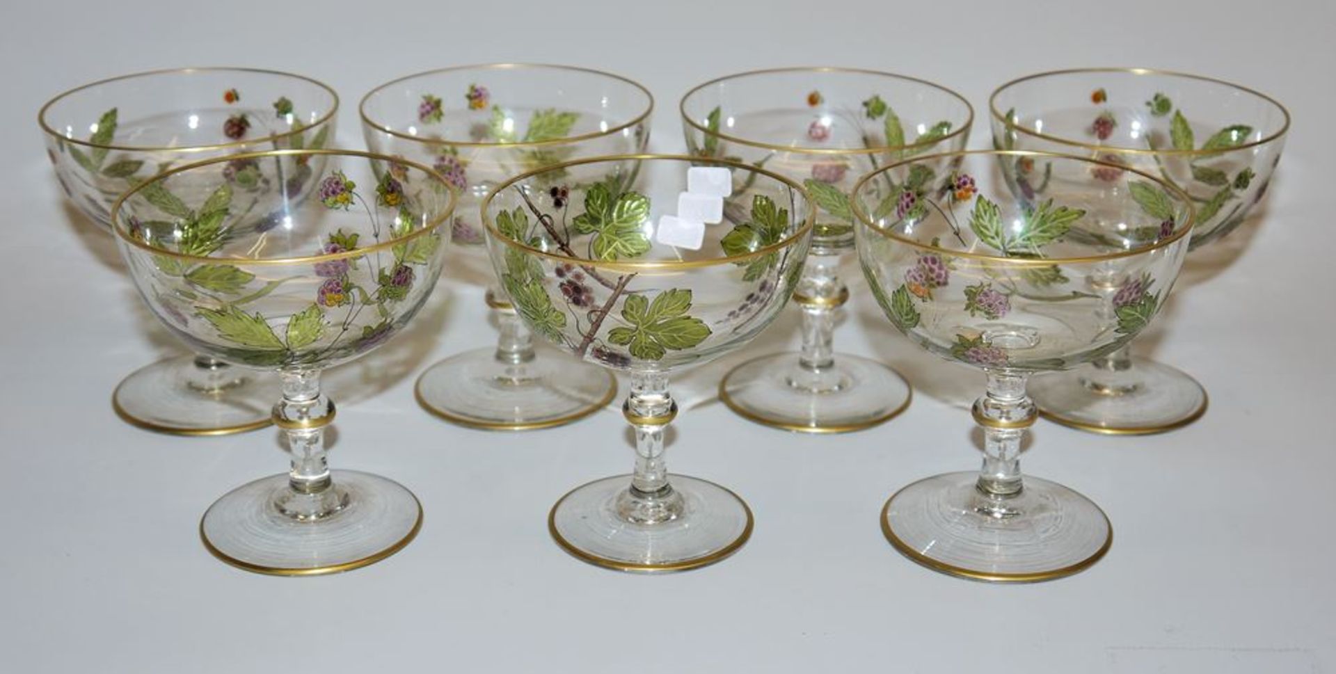 6 plus 1 Art Nouveau sorbet bowls, glass hand-painted
