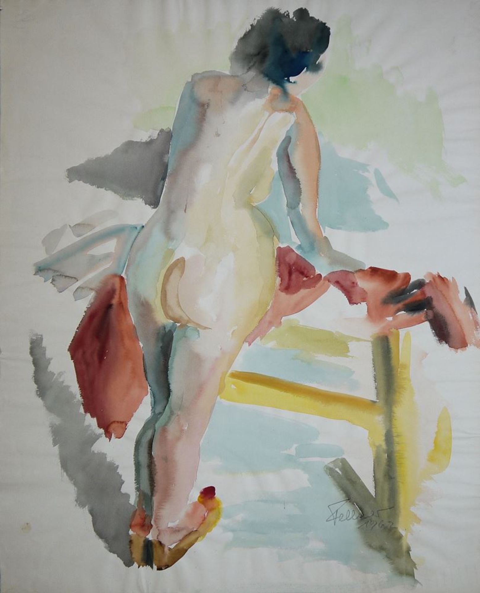 Ludwig Fellner, Female Nude, Bügeling a Dress, watercolour from 1962