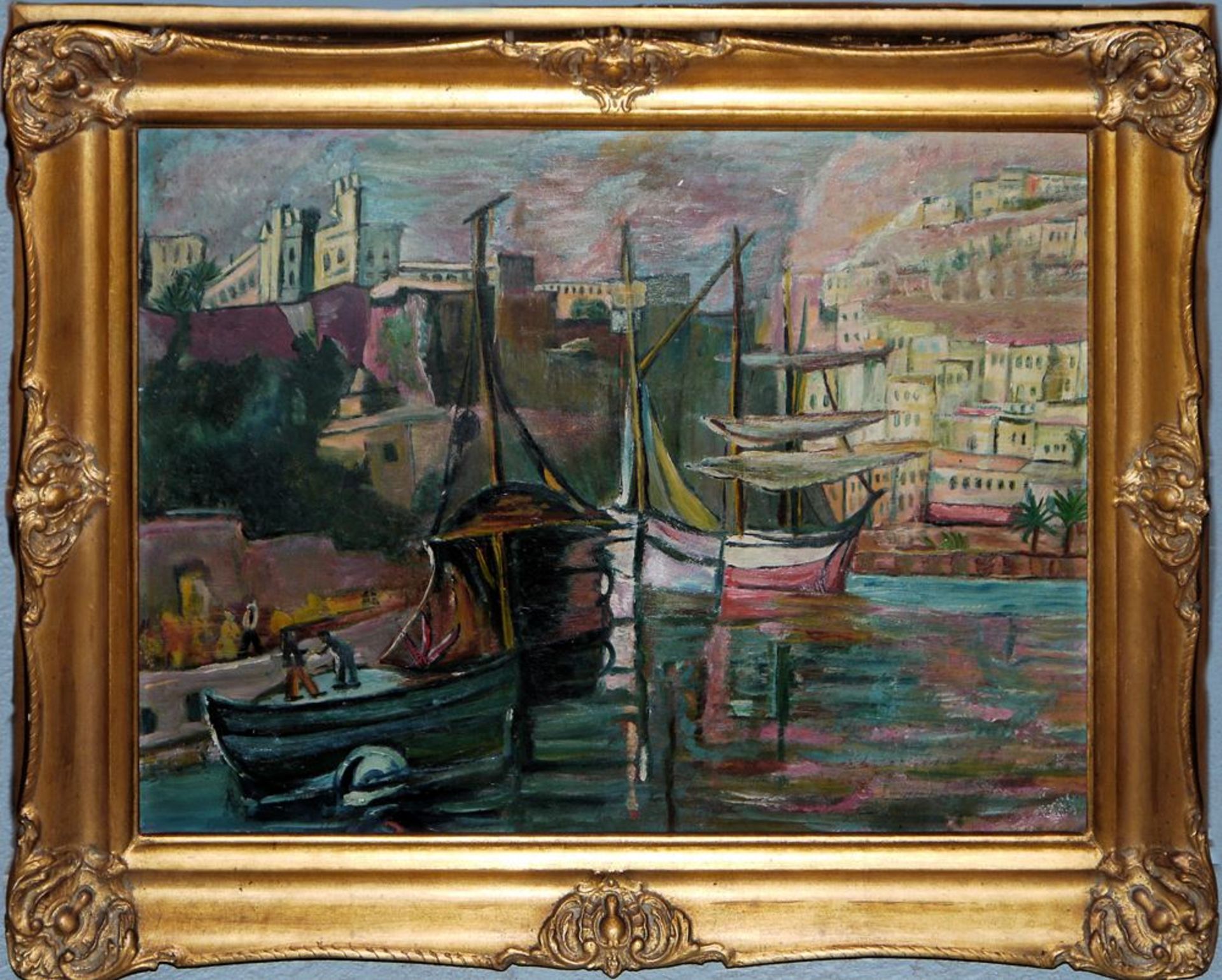 Expressionist, Mediterraner Hafen, Ölgemälde um 1920, im Originalrahmen