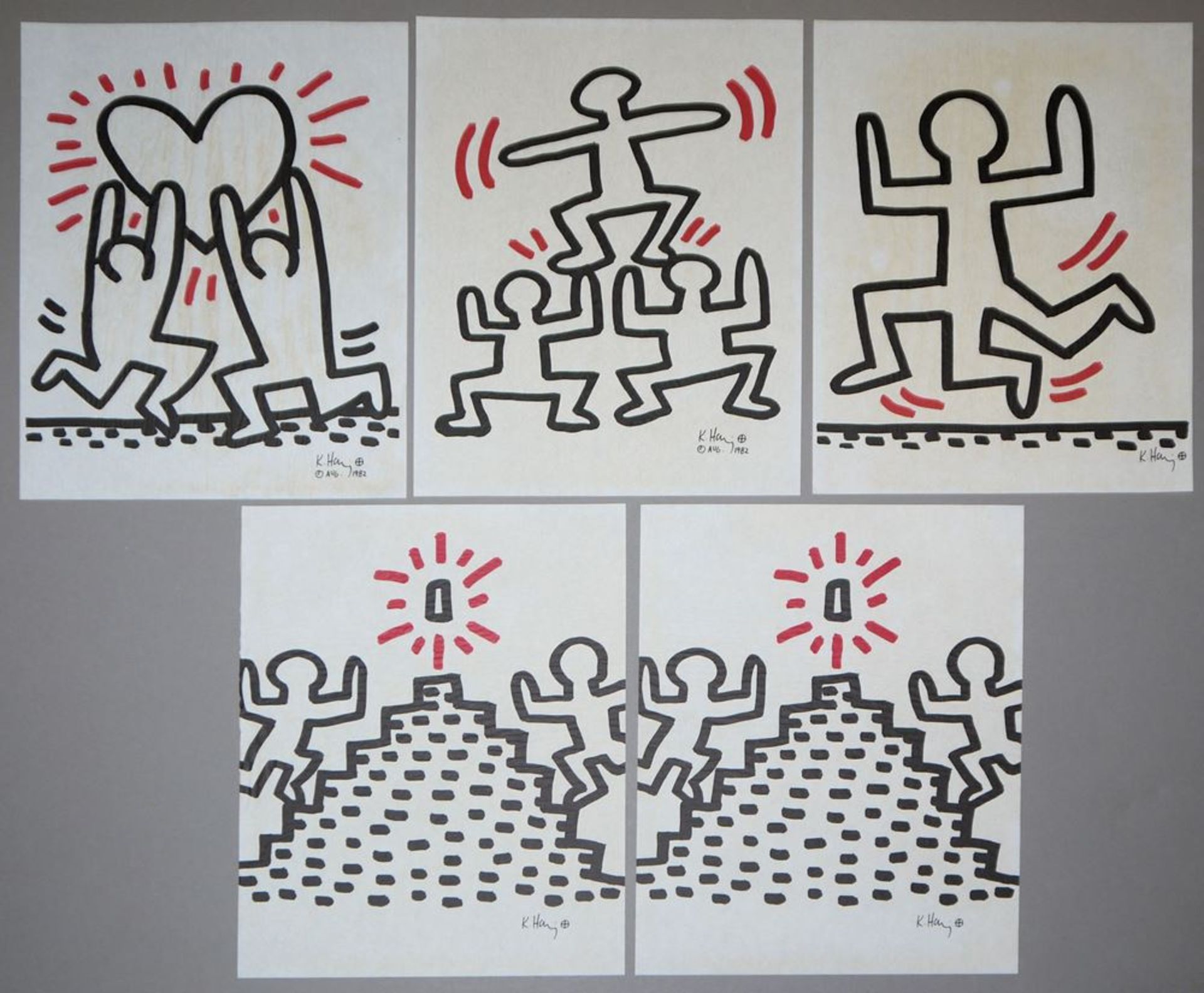Keith Haring, 5 Blätter aus der "Bayer Suite", Farboffsets von 1982, je eines von 70 Ex.