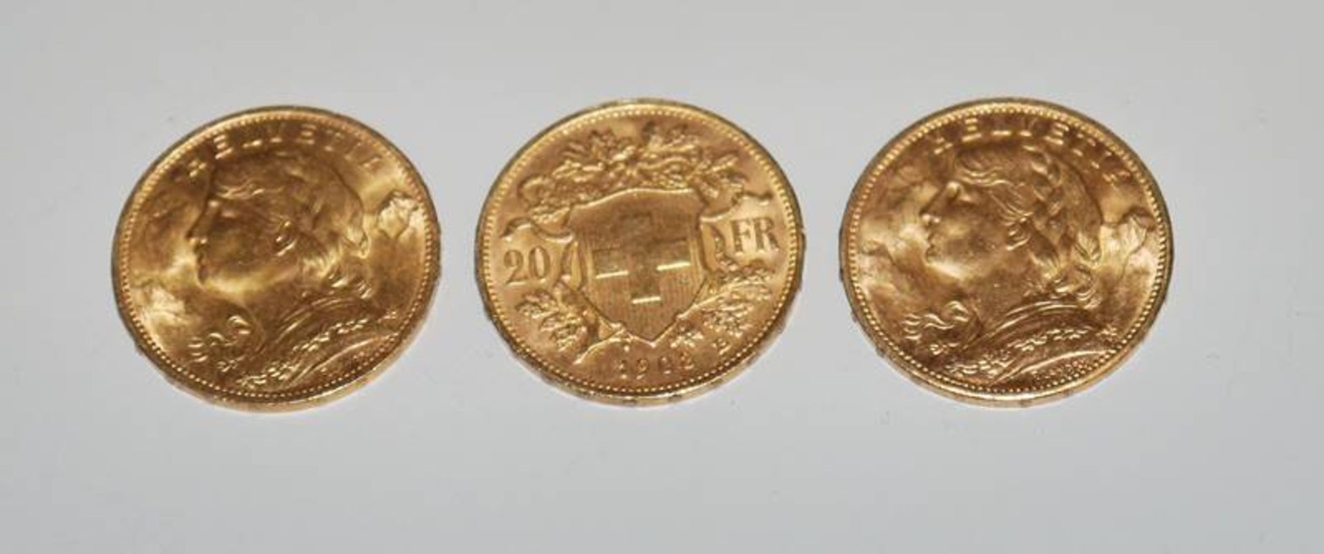 Drei Goldmünzen "Gold Vreneli" 20 Franken Schweiz-Eidgenossenschaft 1908, 1914 und 1922 B