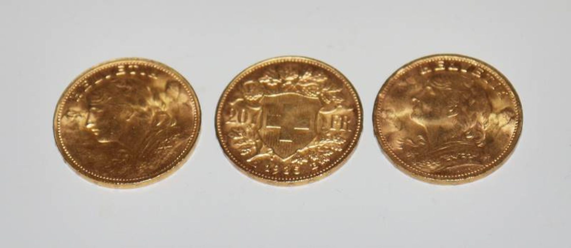 Drei Goldmünzen "Gold Vreneli" 20 Franken Schweiz-Eidgenossenschaft 1935 B