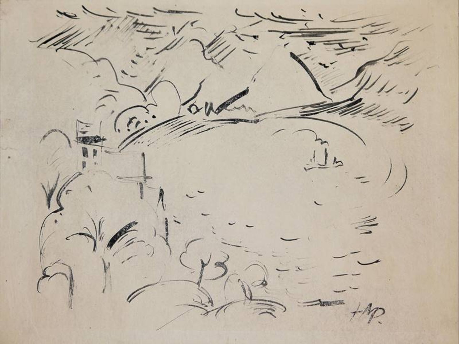 Hermann Max Pechstein, Landscape at Lake Lugano, signed reed pen drawing from 1914 - Image 2 of 3