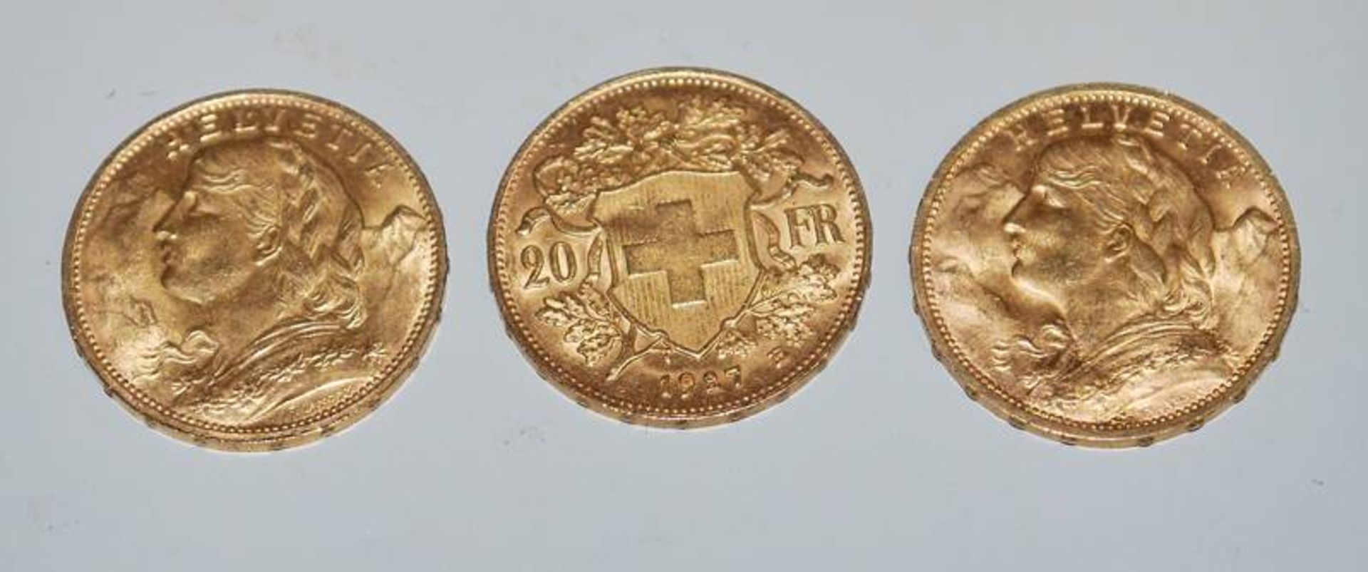 Drei Goldmünzen "Gold Vreneli" 20 Franken Schweiz-Eidgenossenschaft 1947 B