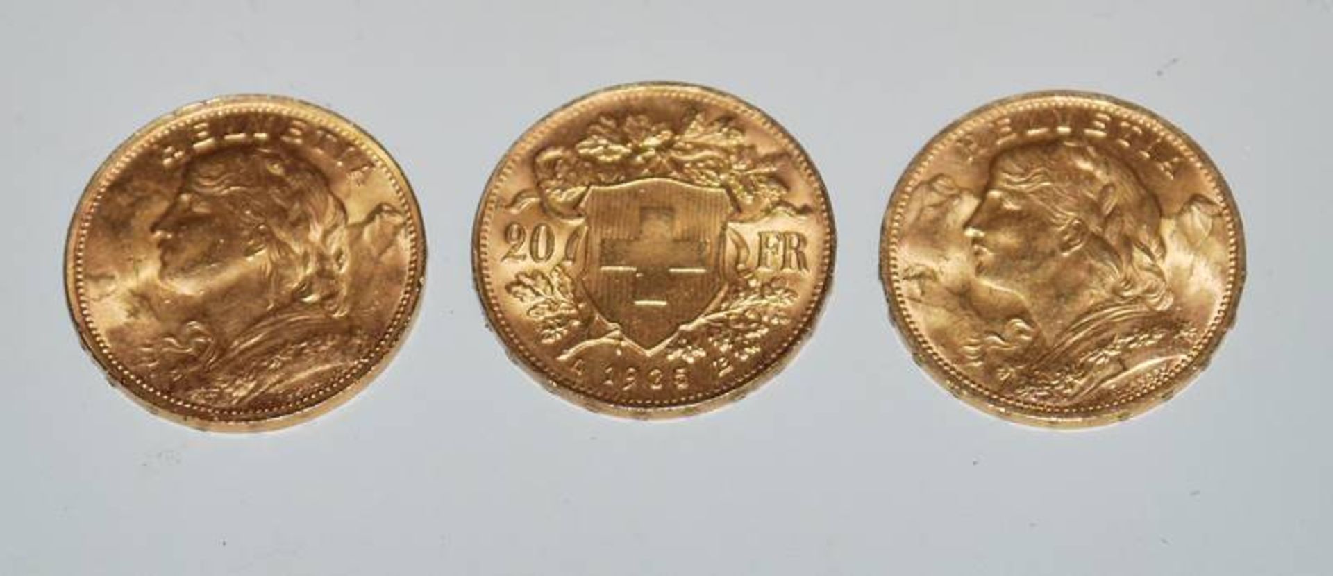 Drei Goldmünzen "Gold Vreneli" 20 Franken Schweiz-Eidgenossenschaft 1935 B - Image 2 of 2