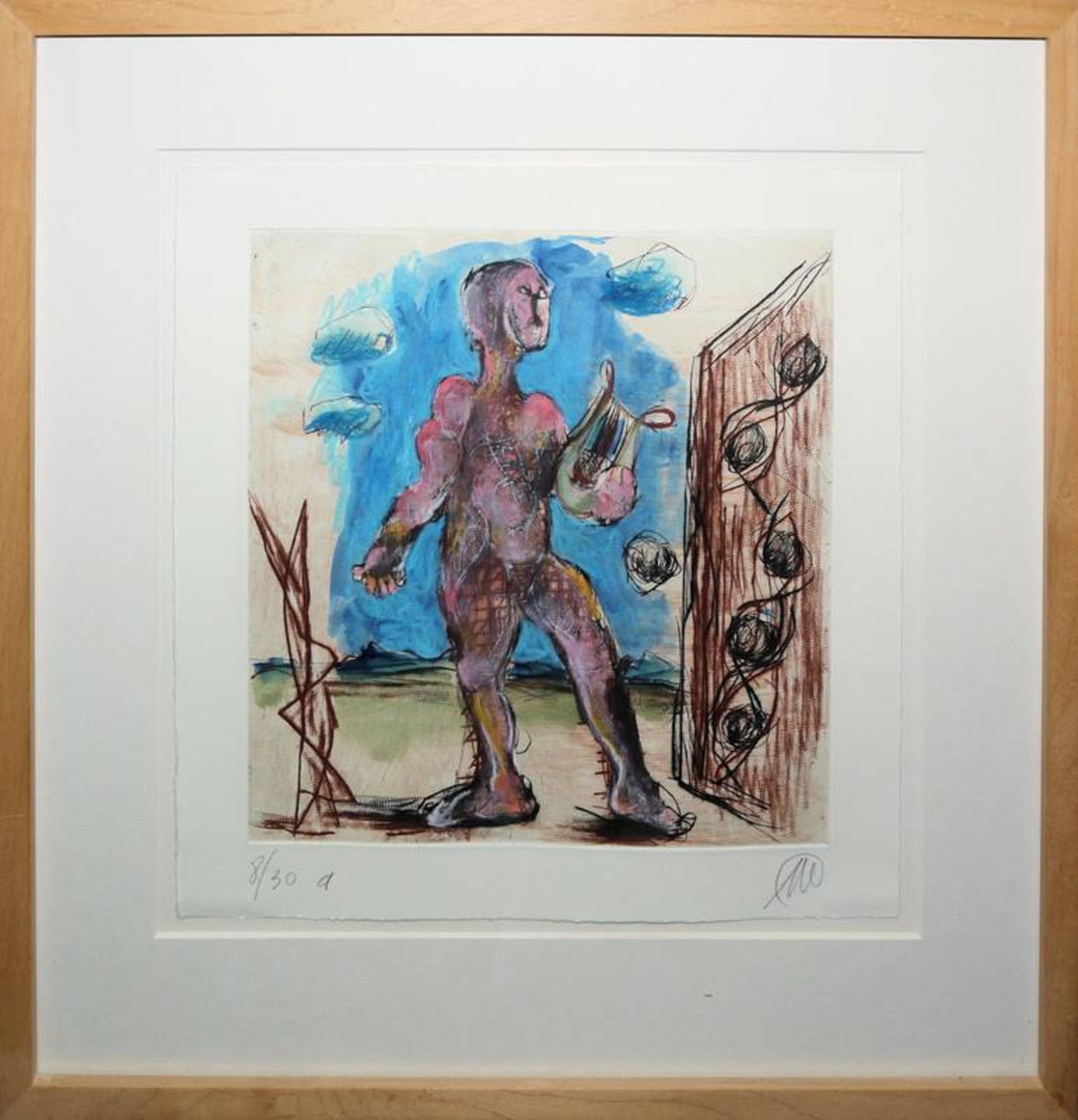 Markus Lüpertz, "Apollo", gouache over colour etching, hand-coloured, signed, framed