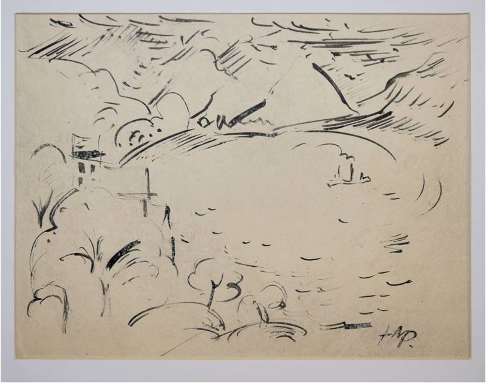Hermann Max Pechstein, Landscape at Lake Lugano, signed reed pen drawing from 1914