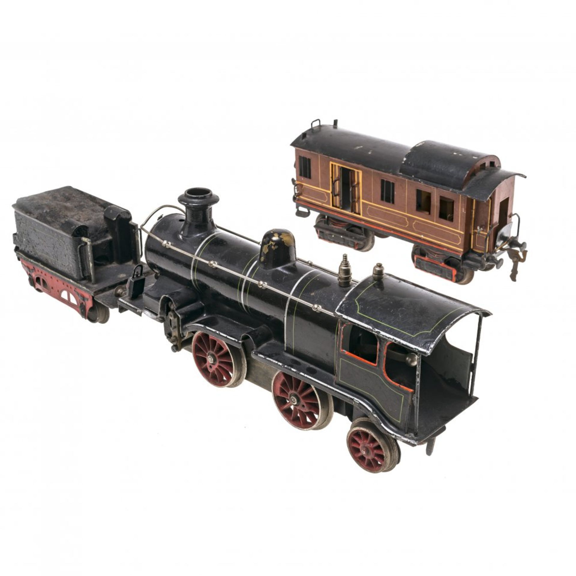 Eisenbahn-Dampflok mit Tender und Gepäckwagen