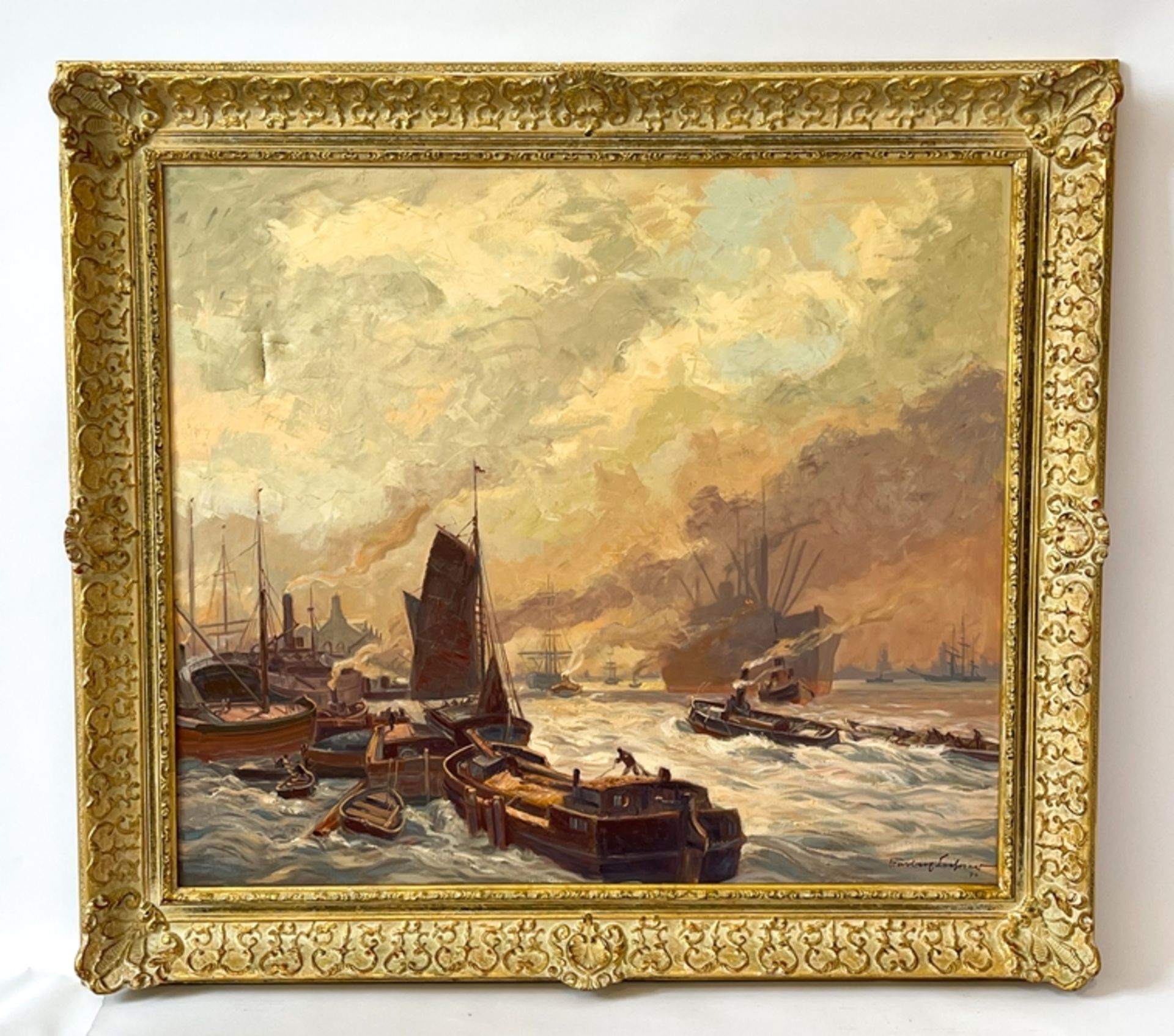 Painting harbor with ships