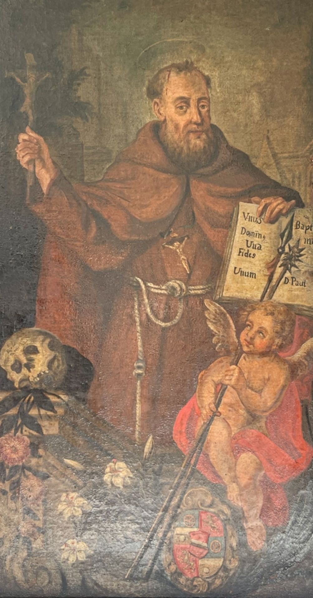 Baroque painting monk with crest/skull - Image 2 of 6