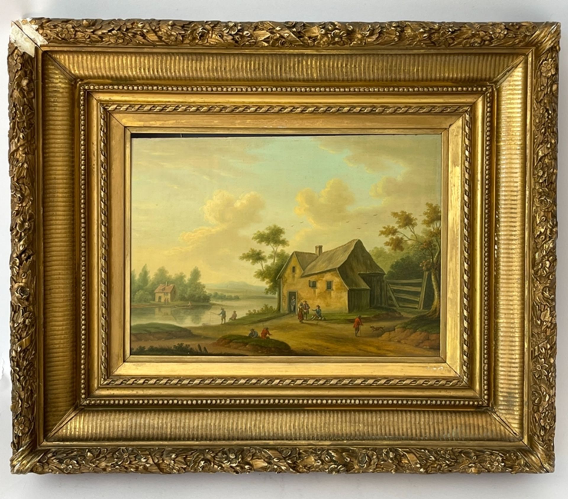 Landscape painting „house by the lake with people“