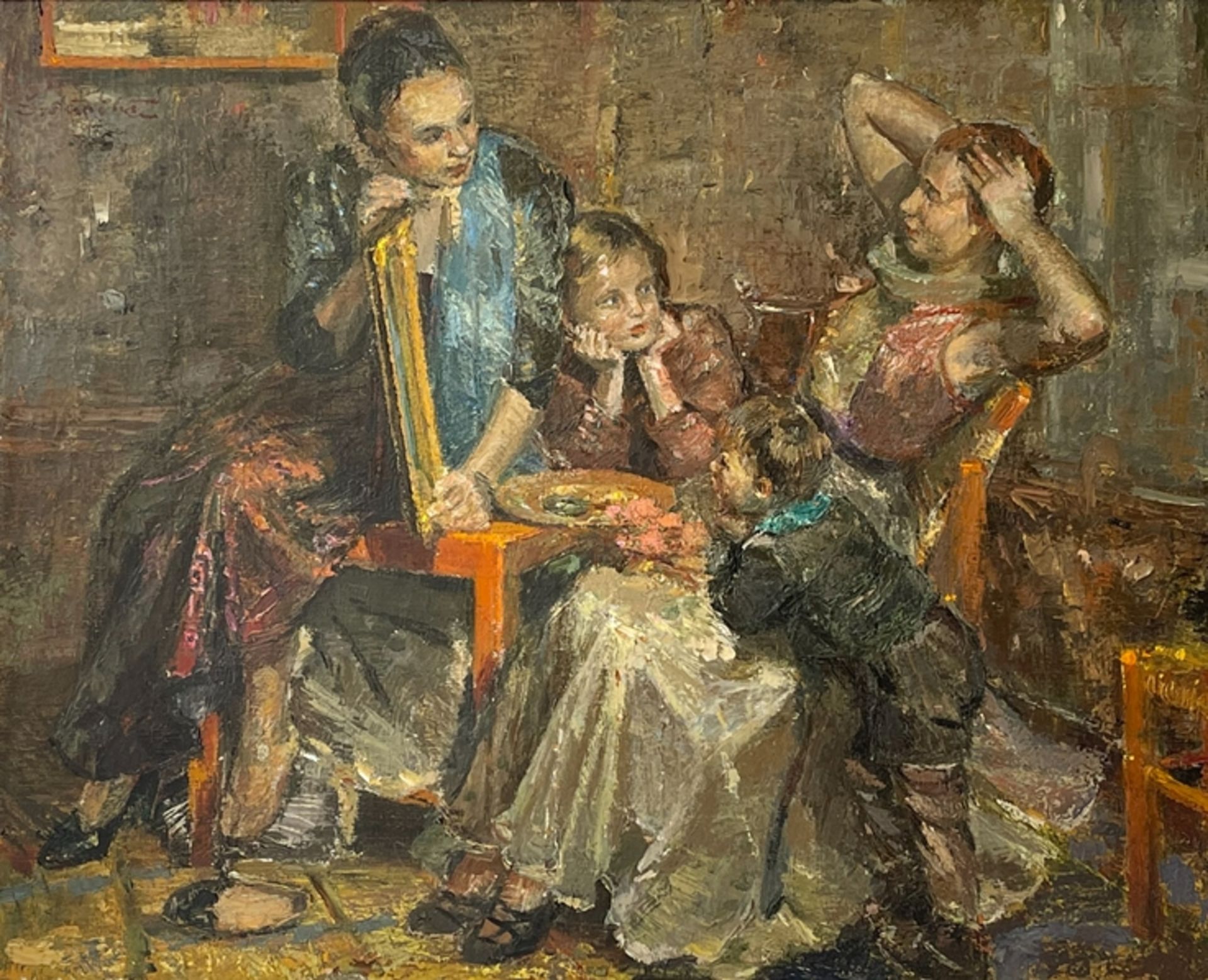 Großes Gemälde "Kinder in der Stube" - Bild 2 aus 7