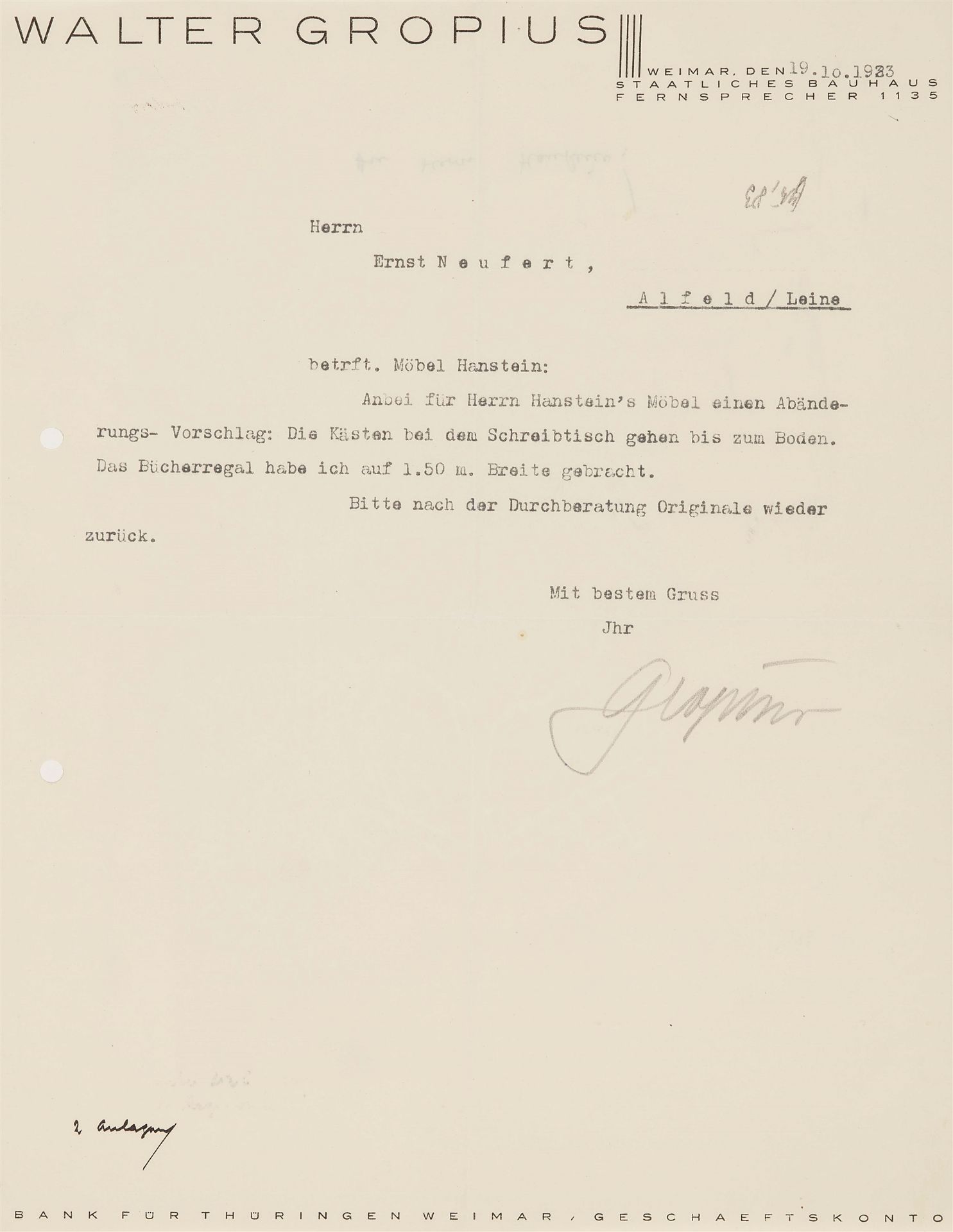 Das Herrenzimmer von Walter Gropius und Adolf Meyer für Georg und Ilse Hanstein , inkl. sechs Briefe - Bild 27 aus 27