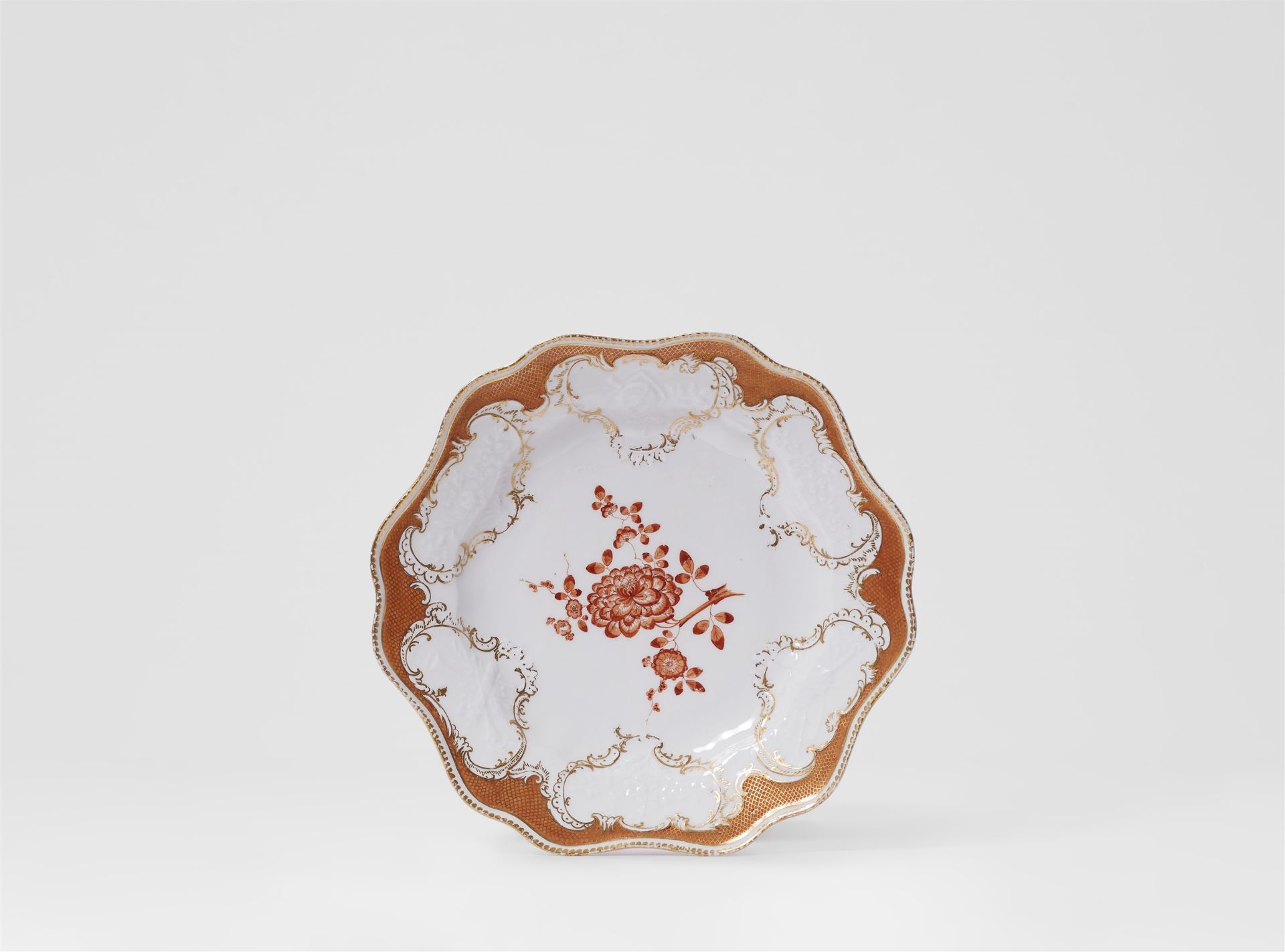A Meissen porcelain dinner plate from a service with iron red mosaic borders - Image 3 of 3