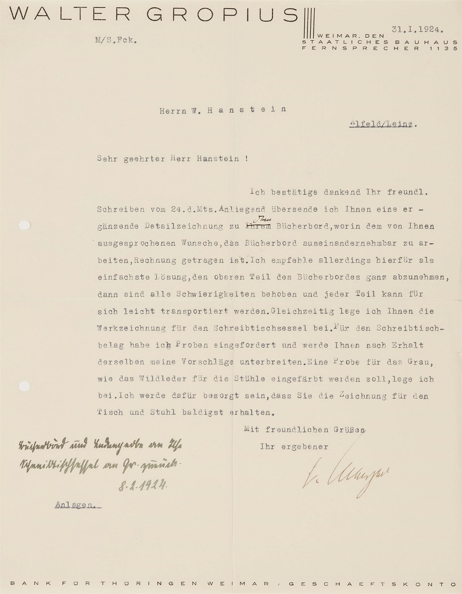 Das Herrenzimmer von Walter Gropius und Adolf Meyer für Georg und Ilse Hanstein , inkl. sechs Briefe - Bild 2 aus 27
