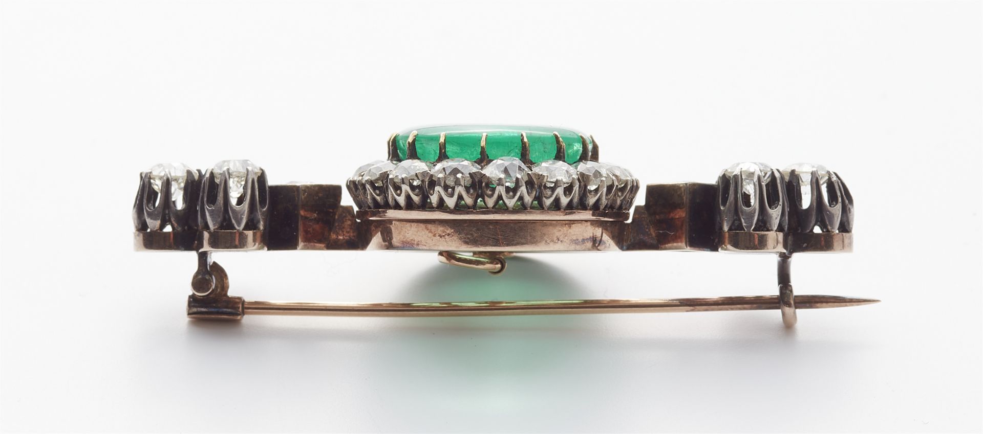 A late 19th century 14k gold and diamond pin brooch with a detachable fine emerald. - Image 3 of 3