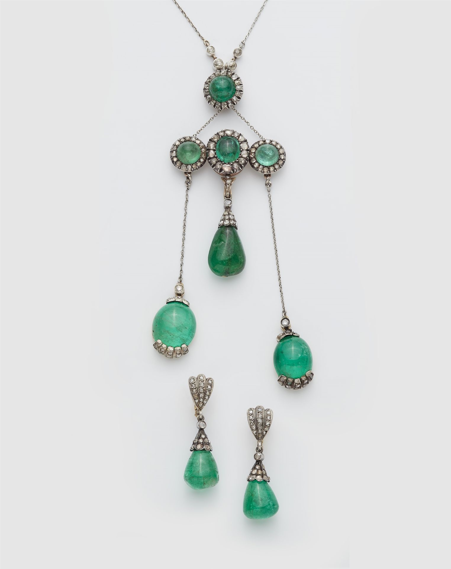 Parts of Italian antique silver 14k gold, emerald and diamond jewellery set comprising a multi-part 