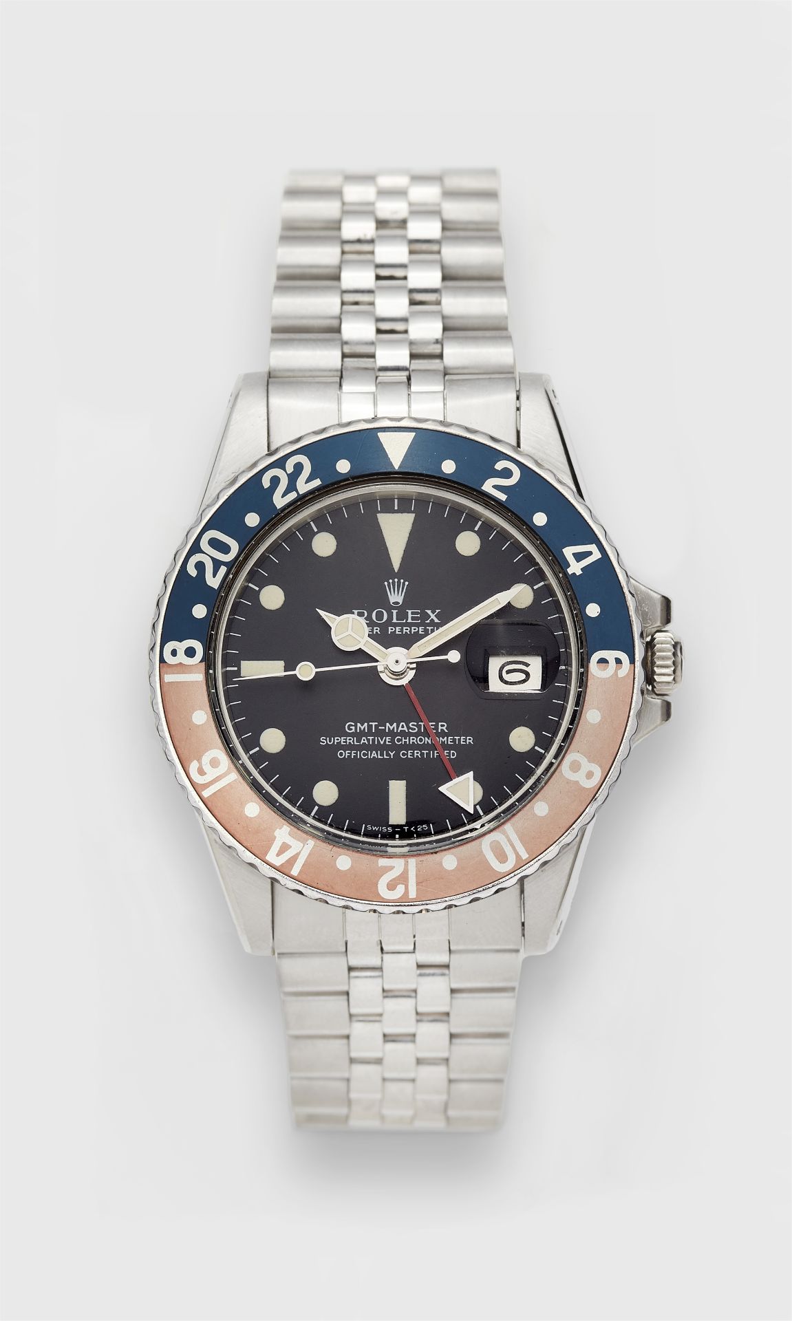 A stainless steel Rolex GMT Master Pepsi "Long E" wristwatch Ref. 1675. Non original Rolex box, exch