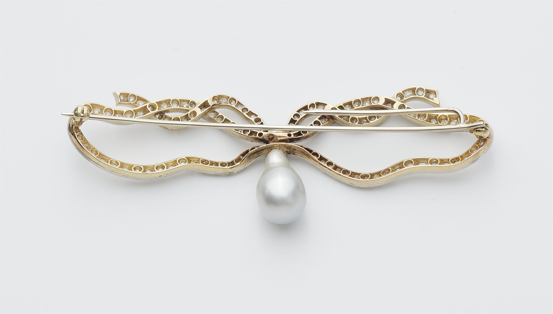 A 14k gold Belle Epoque diamond brooch with a later South Sea pearl droplet. - Image 2 of 2