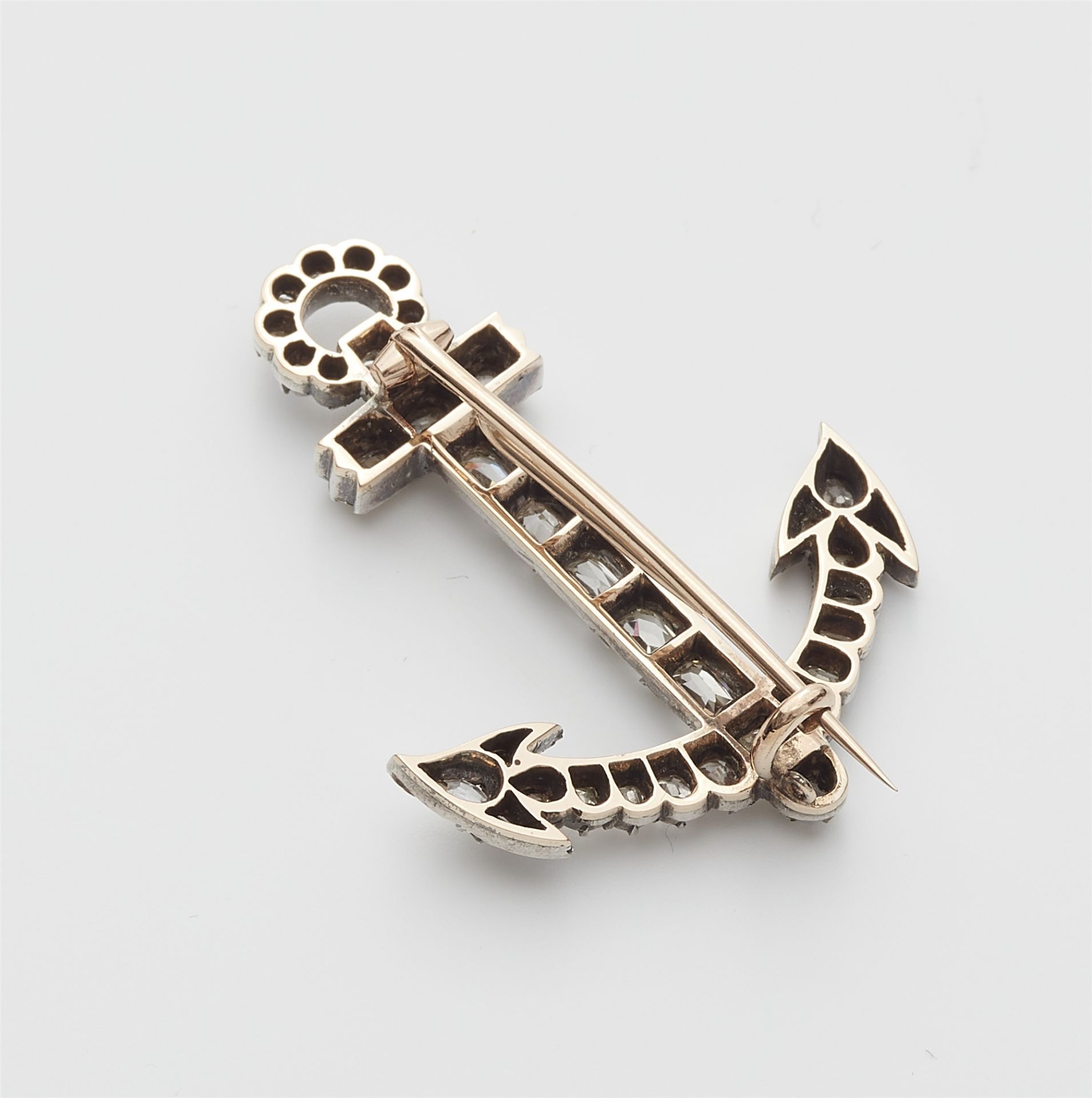 An early 19th century 14k gold, silver and diamond anchor brooch. - Image 2 of 2