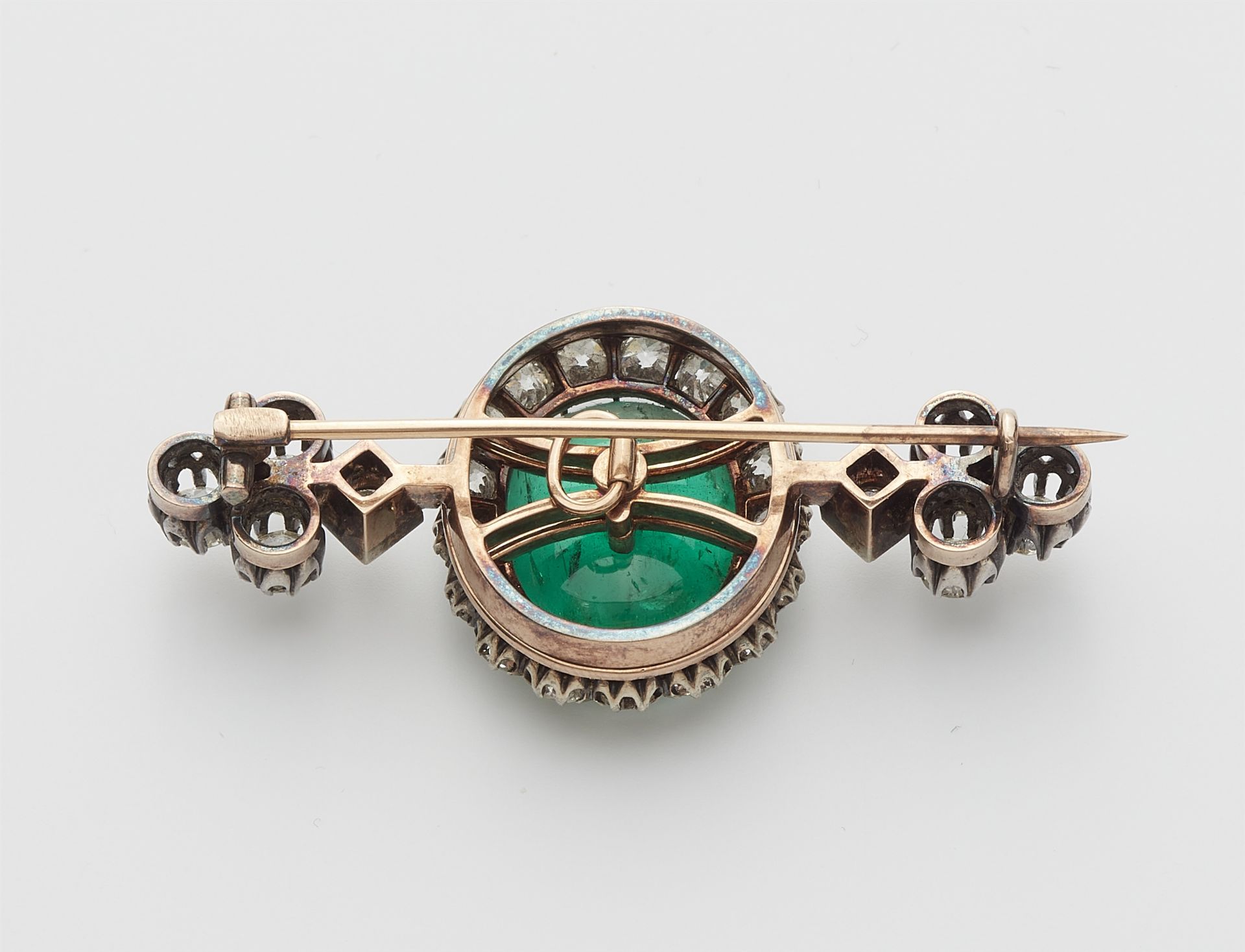 A late 19th century 14k gold and diamond pin brooch with a detachable fine emerald. - Image 2 of 3