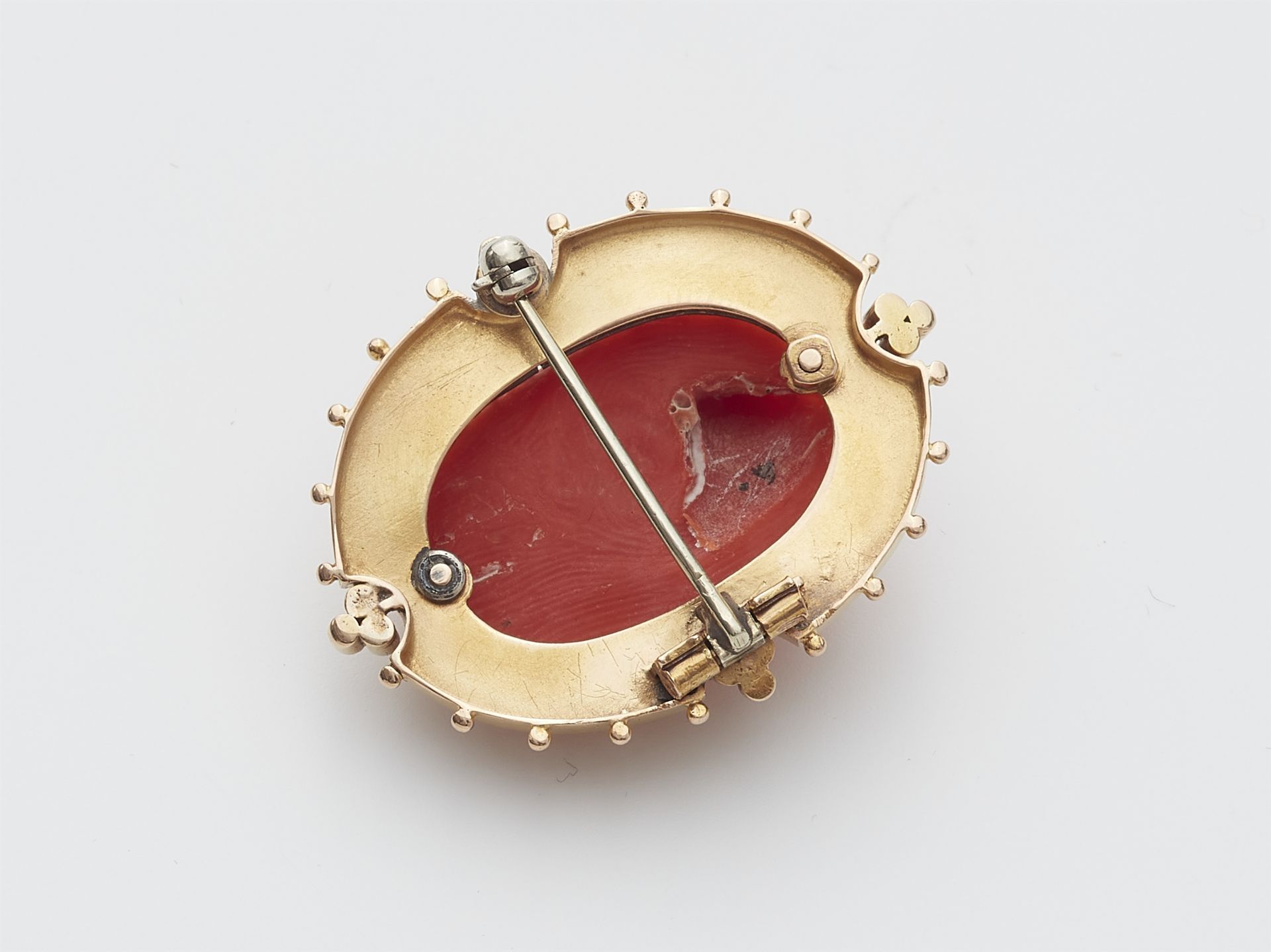 A probably Victorian 14k gold and red Sicilian coral cameo brooch. - Image 2 of 2