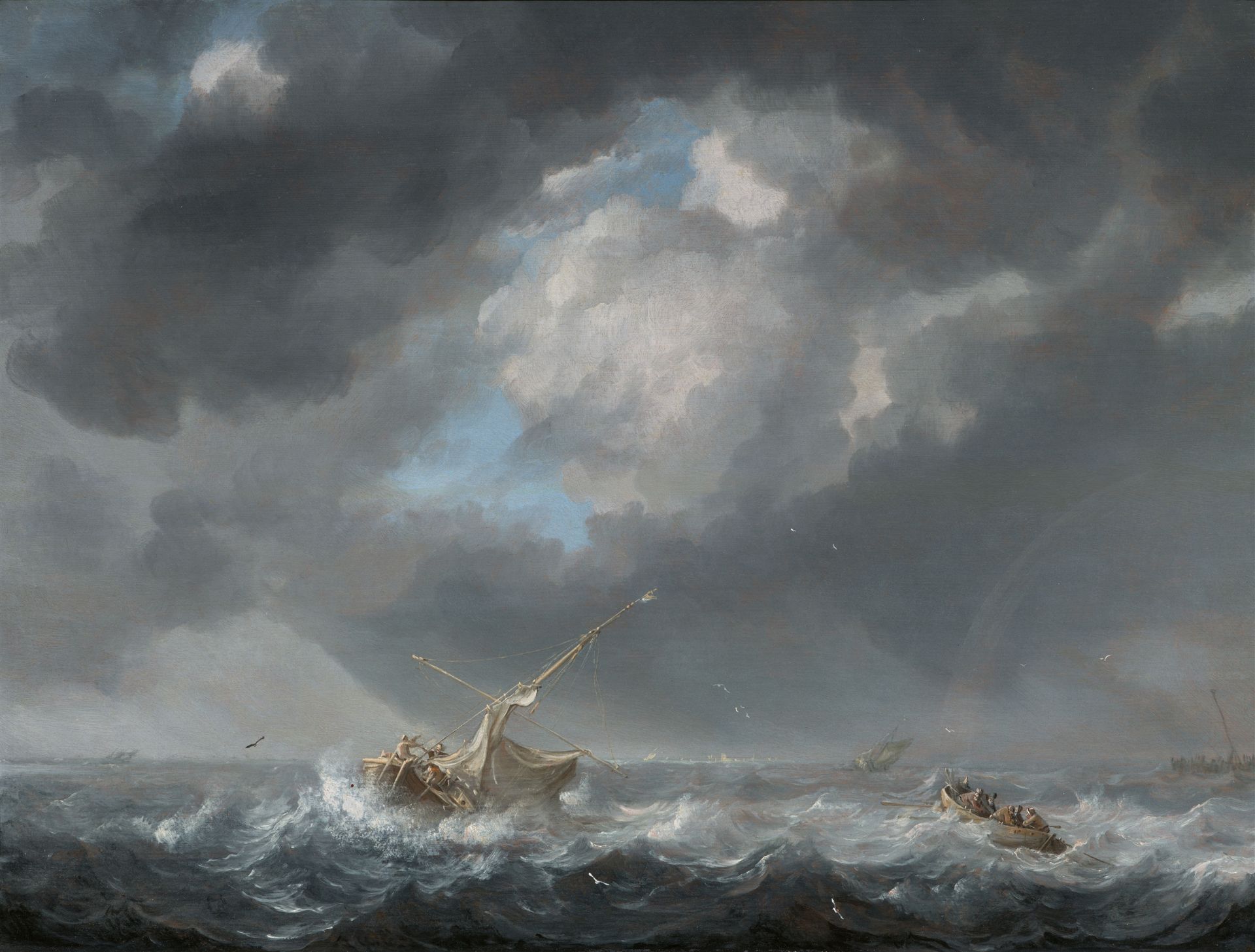 Julius Porcellis, Ein Segelboot, ein Ruderboot und andere Schiffe auf rauer See vor einer Pier