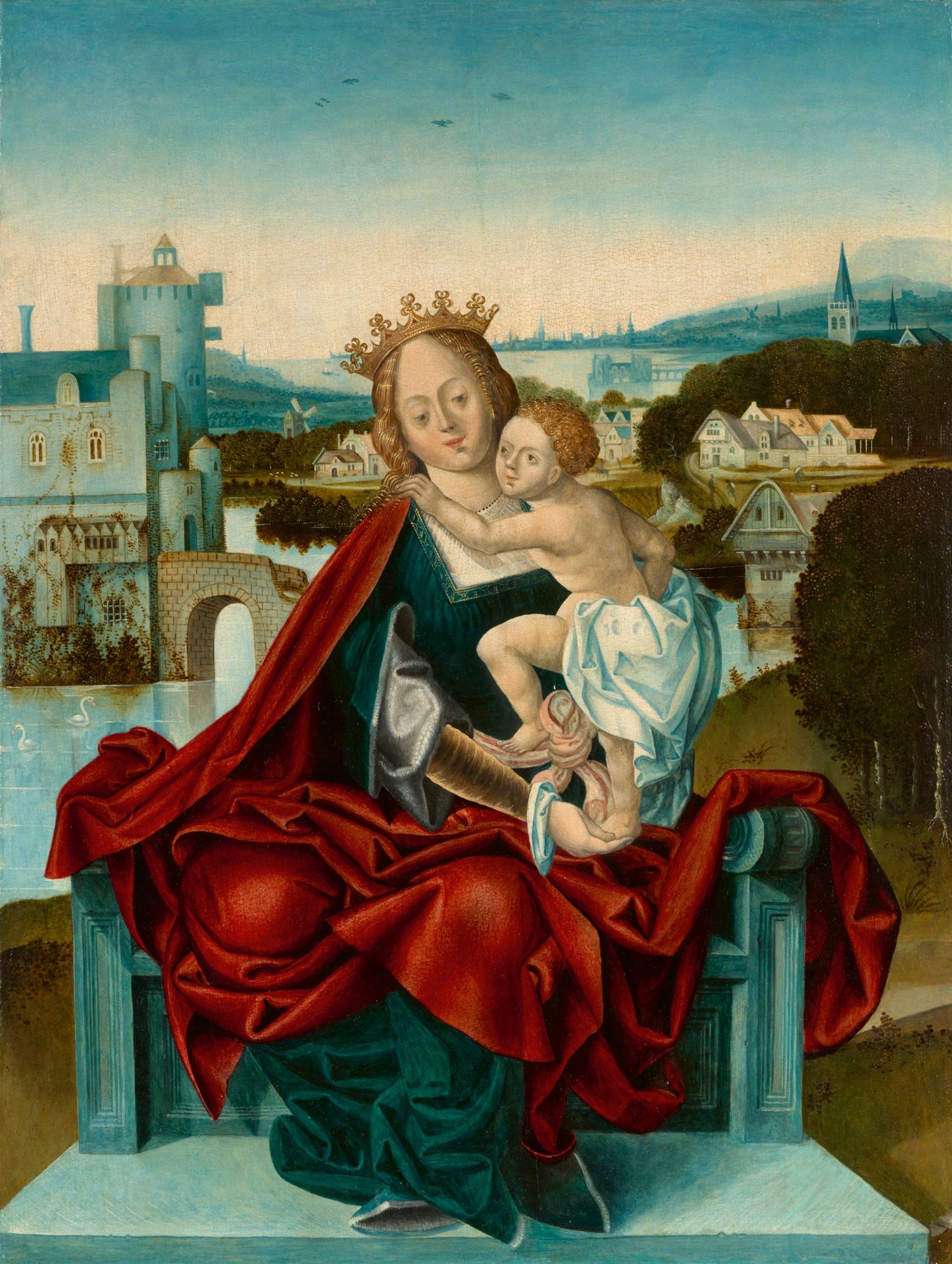 Utrecht School around 1530, The Virgin and Child Enthroned in a Panoramic Landscape