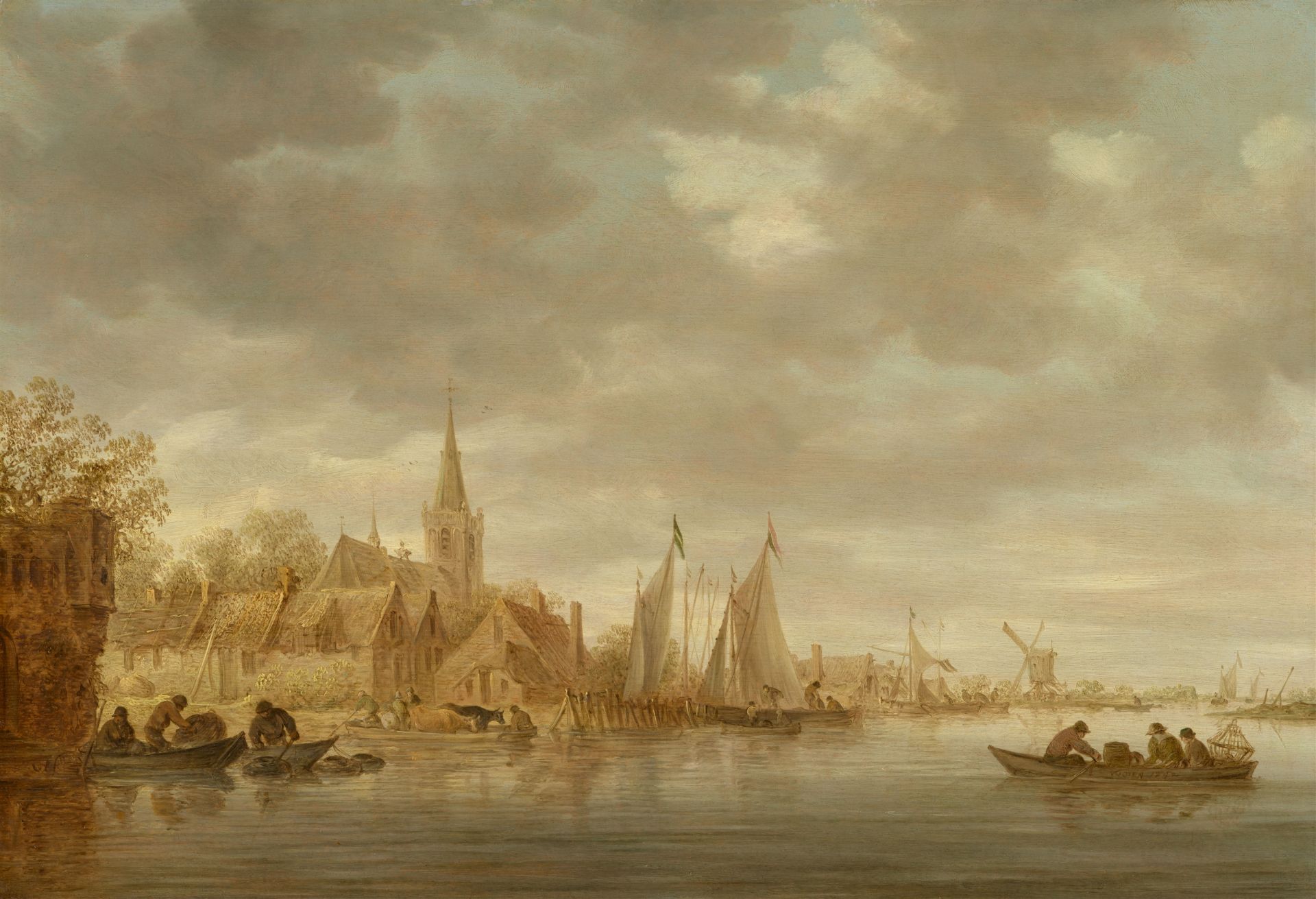 Jan van Goyen, Flusslandschaft mit Turm, Dorf und Windmühle
