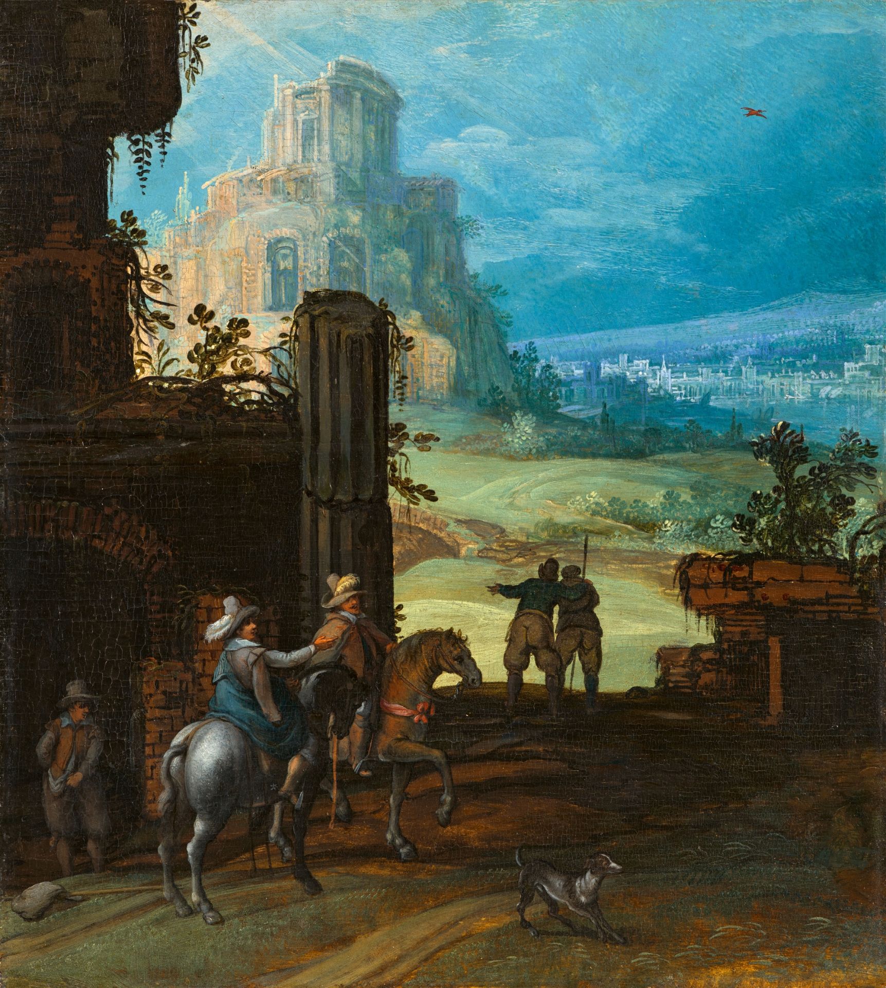 Willem van Nieulandt II., Capriccio with Temple of Vesta in Tivoli and Riders in the Foreground