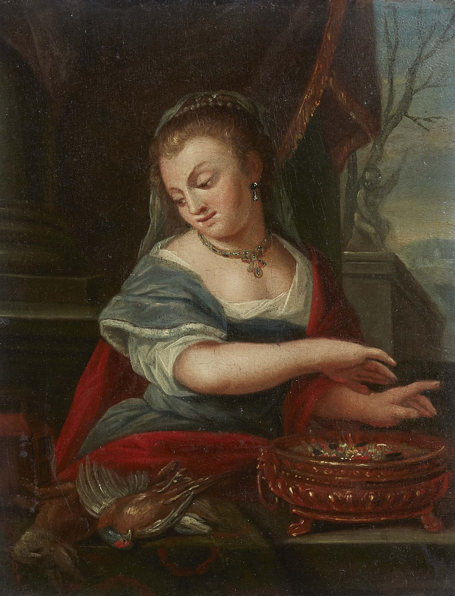 Niederländischer Meister des 18. Jahrhunderts, Junge Frau mit Feuerschale und Wildbret