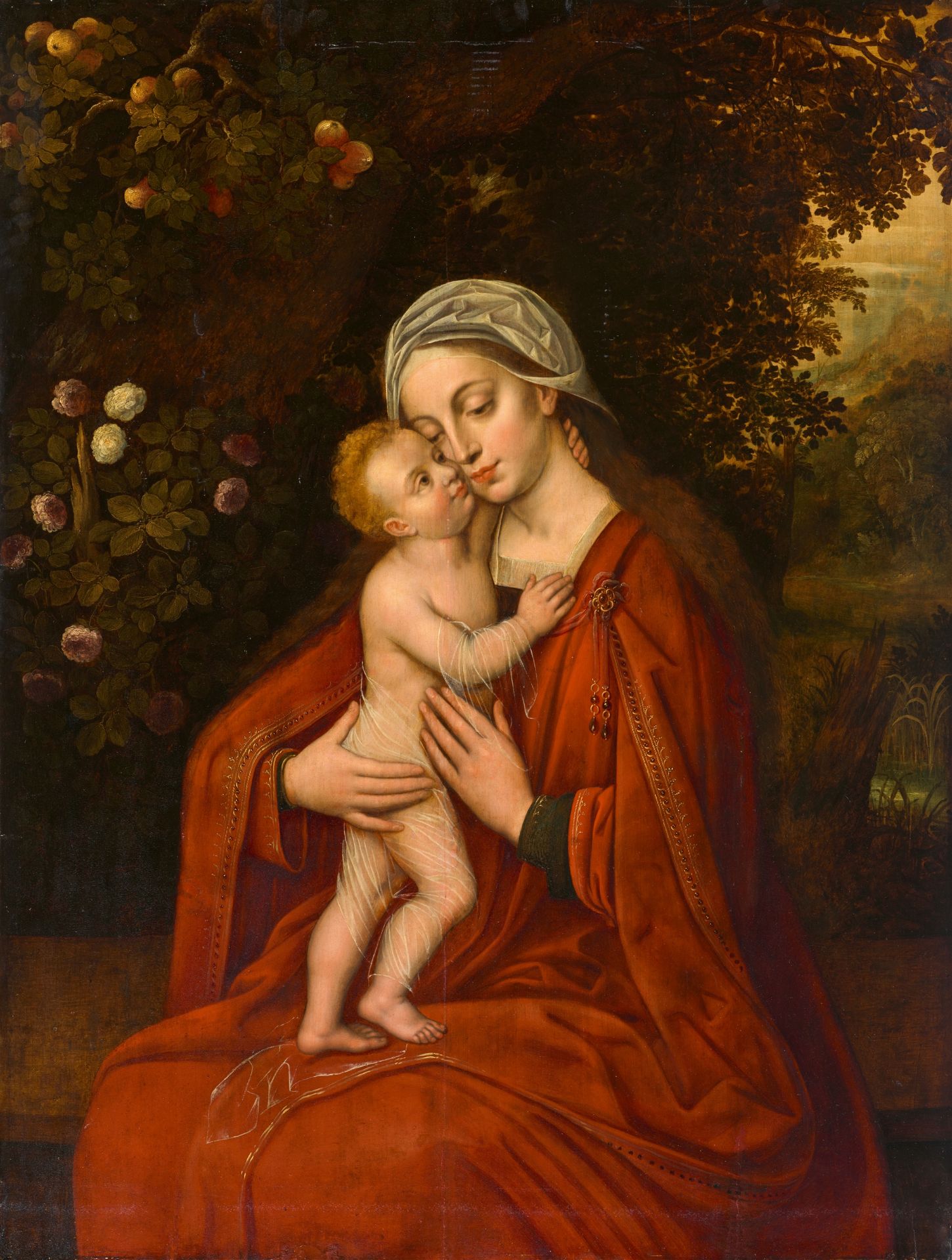 Bruges School second half 16th century, Madonna embraced by the Christ Child in front of a Rose Bush