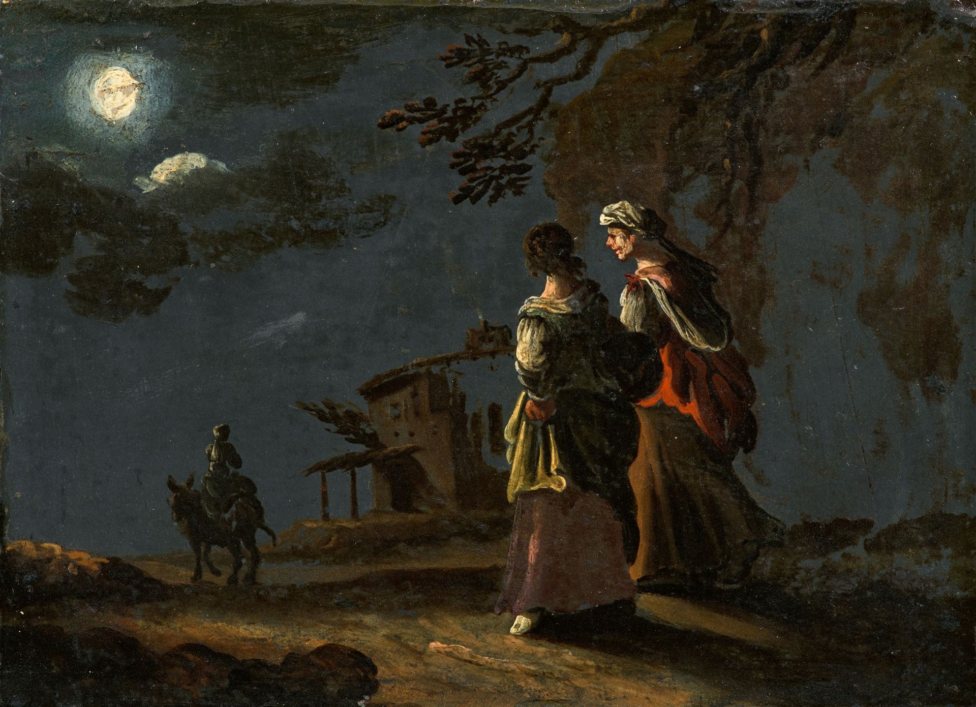 Leonaert Bramer, Landschaft mit zwei Frauen und einem Esel bei Mondschein