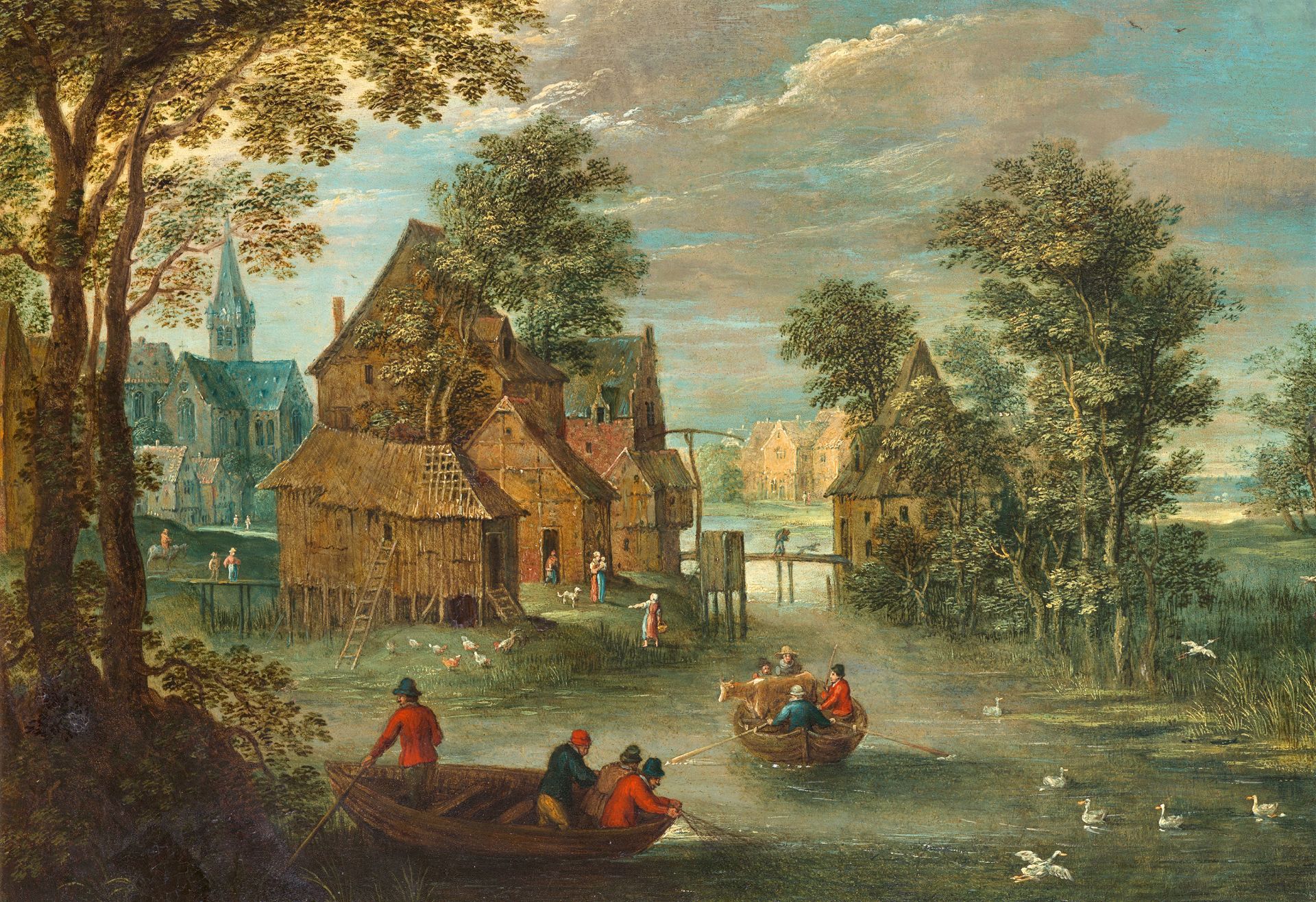 Marten Ryckaert, Farming Village by a River in Flanders