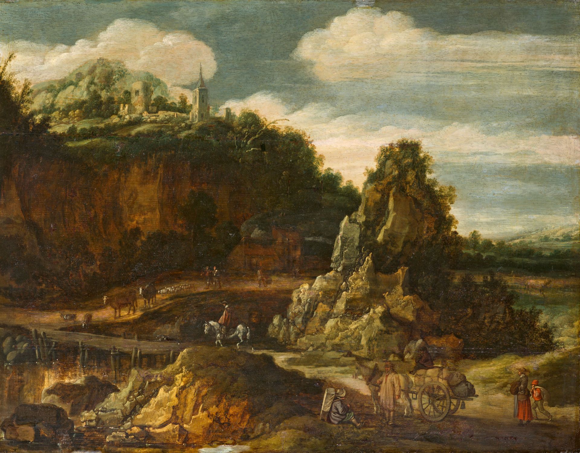 Esaias van de Velde, Hügelige Landschaft mit einem Weg über einen Bach