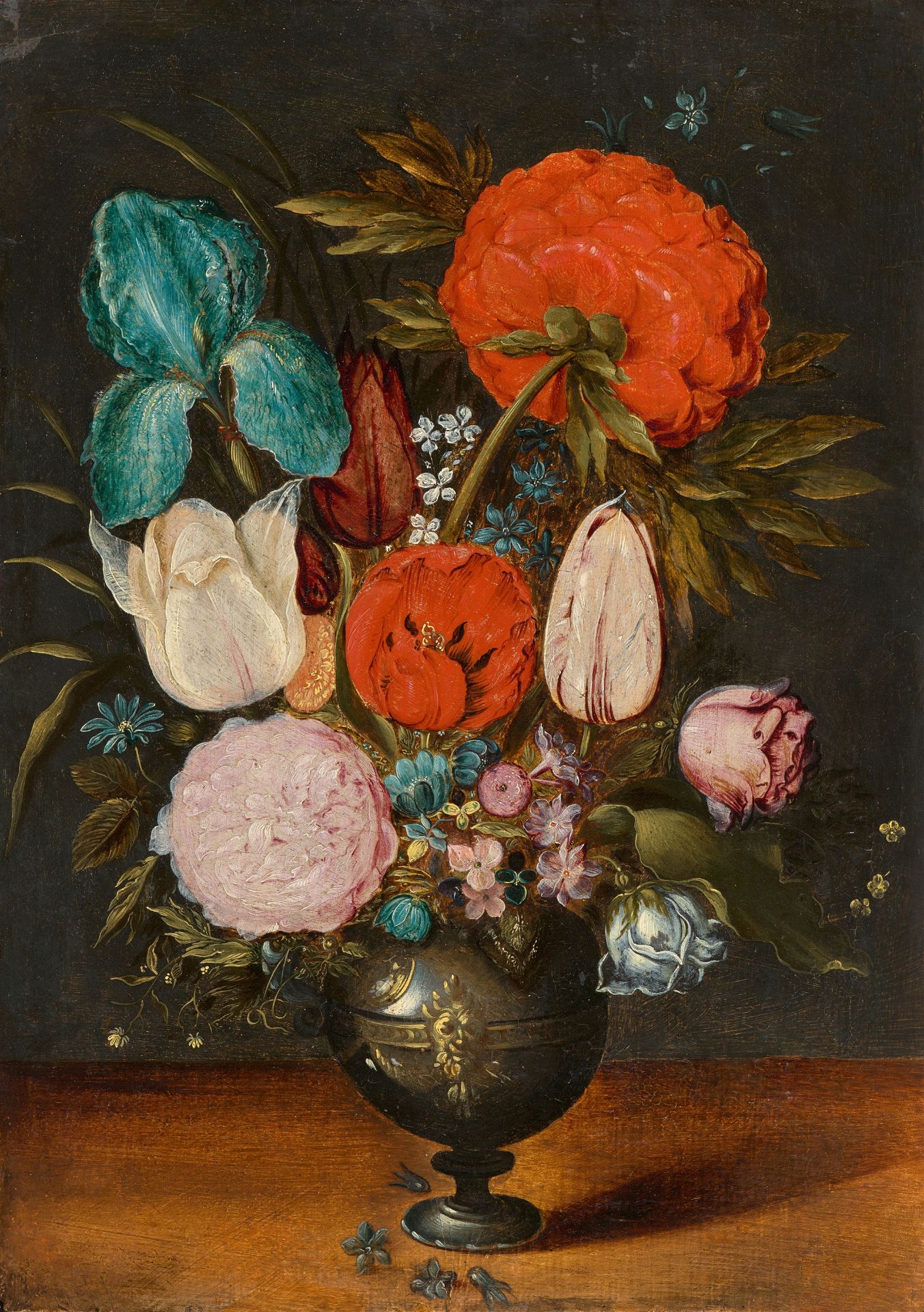 Jan Brueghel the Younger, Tulips, Iris, Roses and Peonies in a Vase