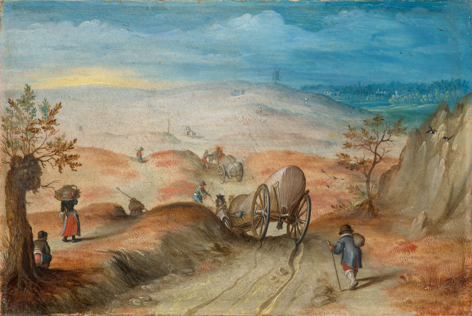 Flemish School early 17th century, Hilly Landscape with Carts and Peasants on a Sandy Path