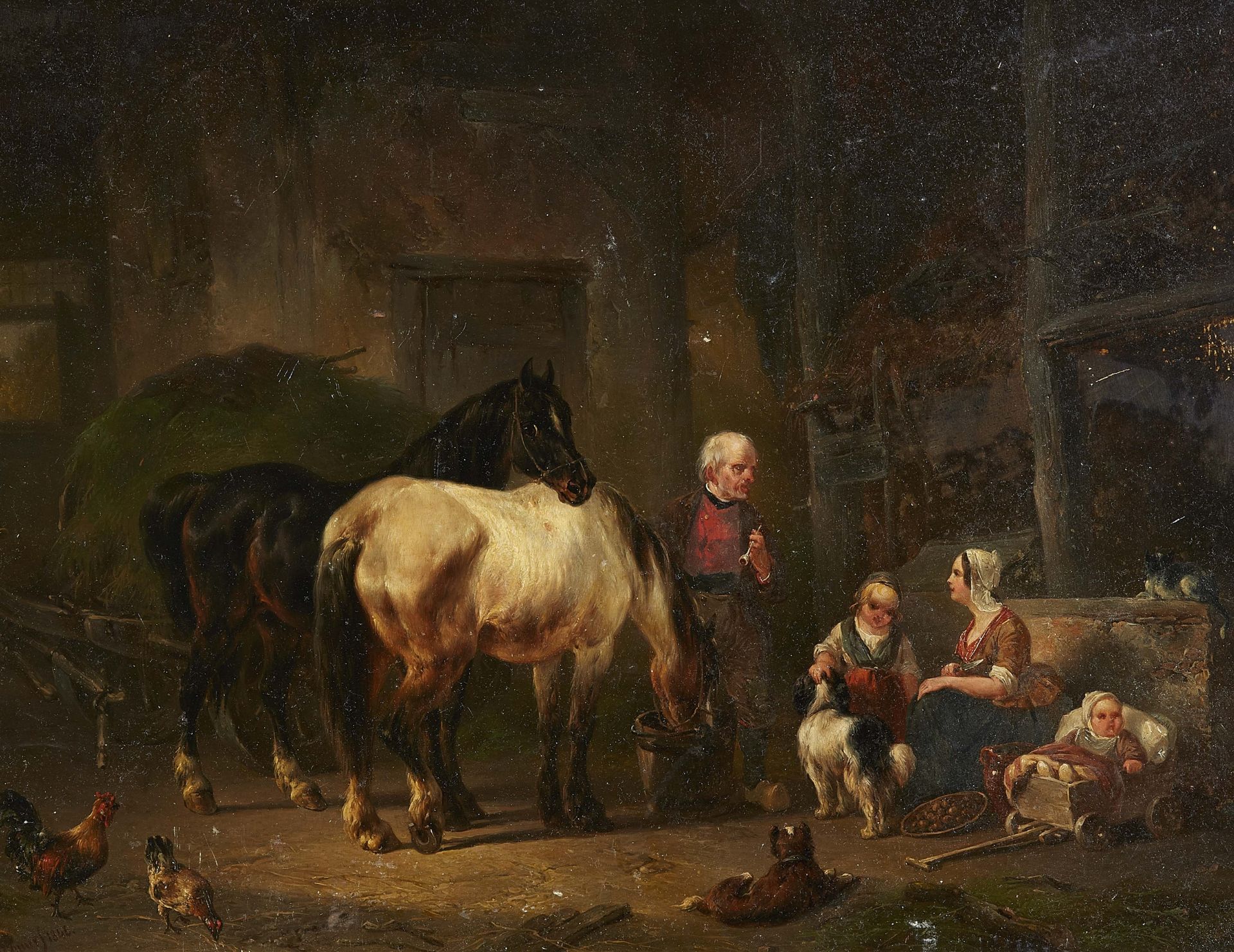Wouter Verschuur, Stallinterieur mit zwei Pferden, Stallknecht und junger Familie