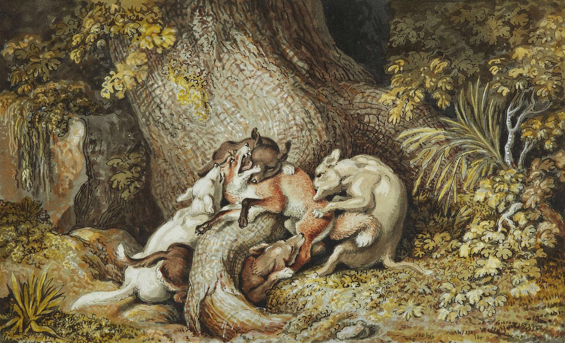 Johann Heinrich Wilhelm Tischbein, Dogs fighting a Fox by a Tree