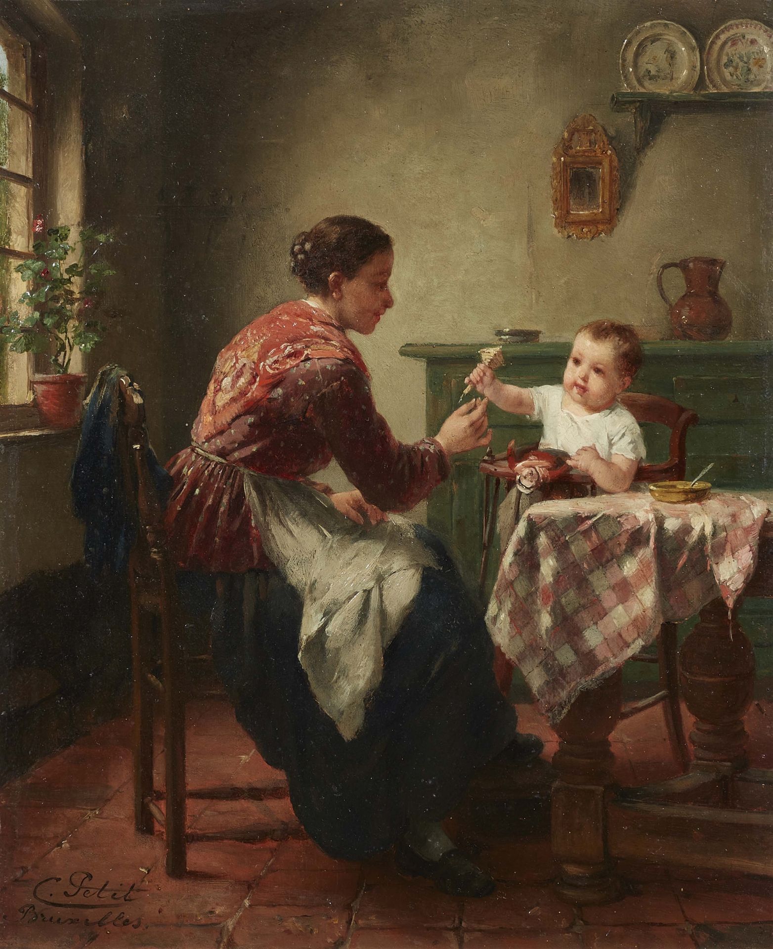 Charles Petit, Interior Scene with a Mother and Child (The Little Musician)