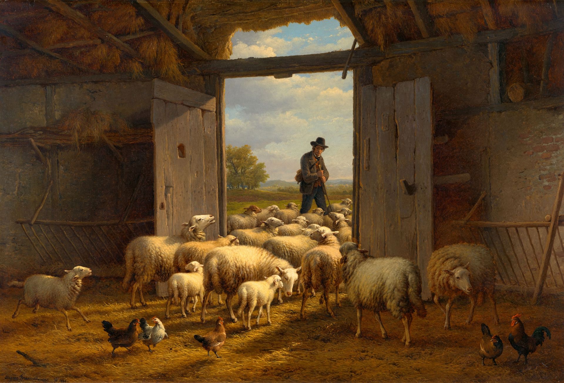 Eugène-Joseph Verboeckhoven, Flock of Sheep in a Stable