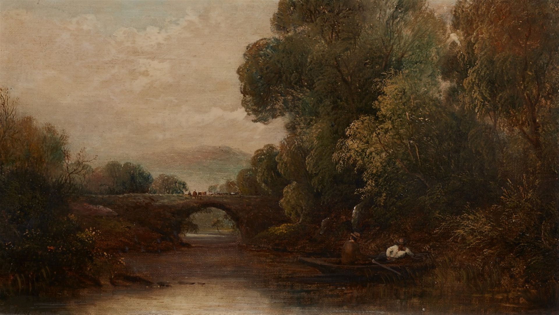 Harvey Sheridan, Landschaft mit Brücke und Ruderboot