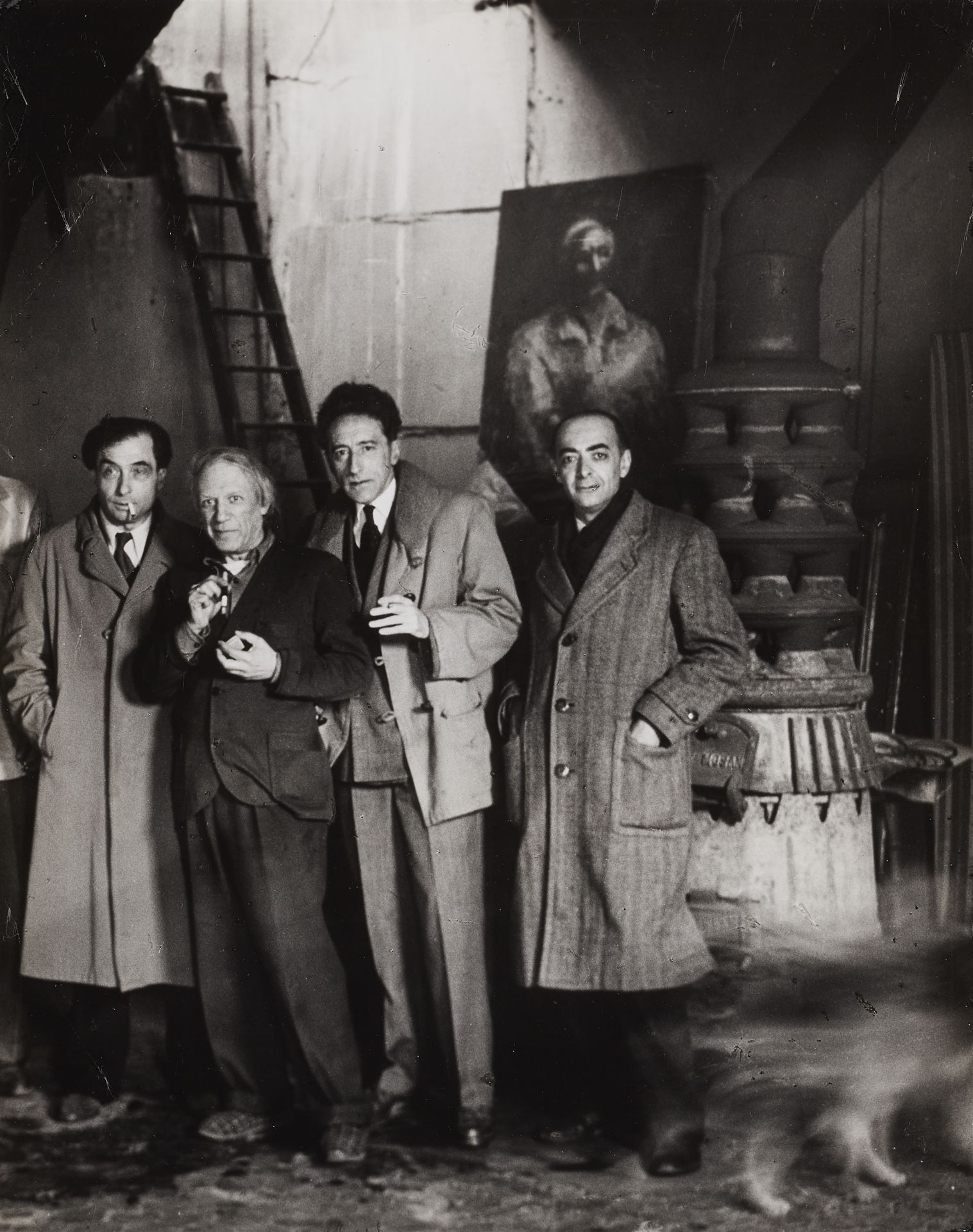 Brassaï (Gyula Halász), Pierre Reverdy, Picasso, Jean Cocteau and Brassaï in Picasso's studio at rue