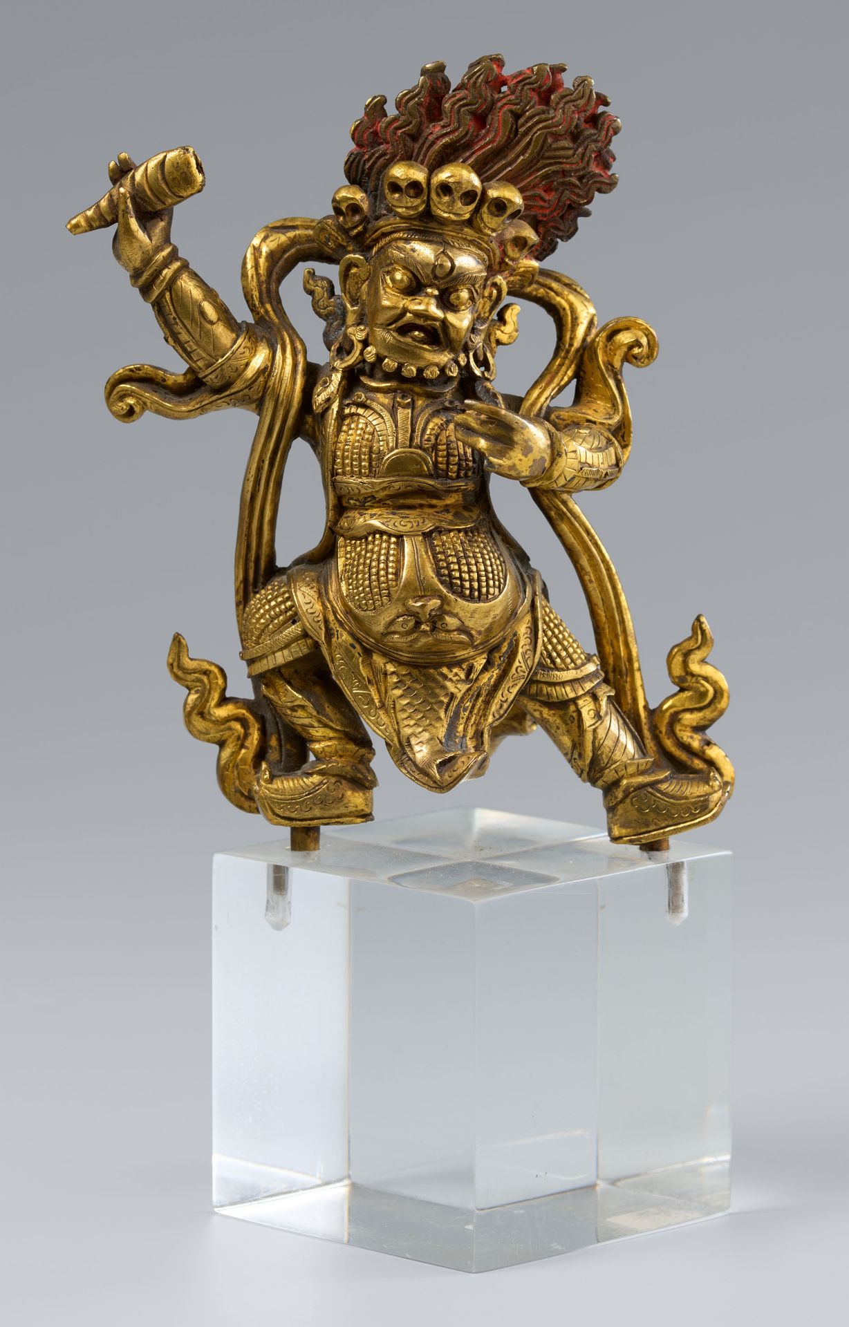 A Sinotibetan gilt bronze figure of Dharmapala Begtse (Beg-ts'e). 18th/19th century