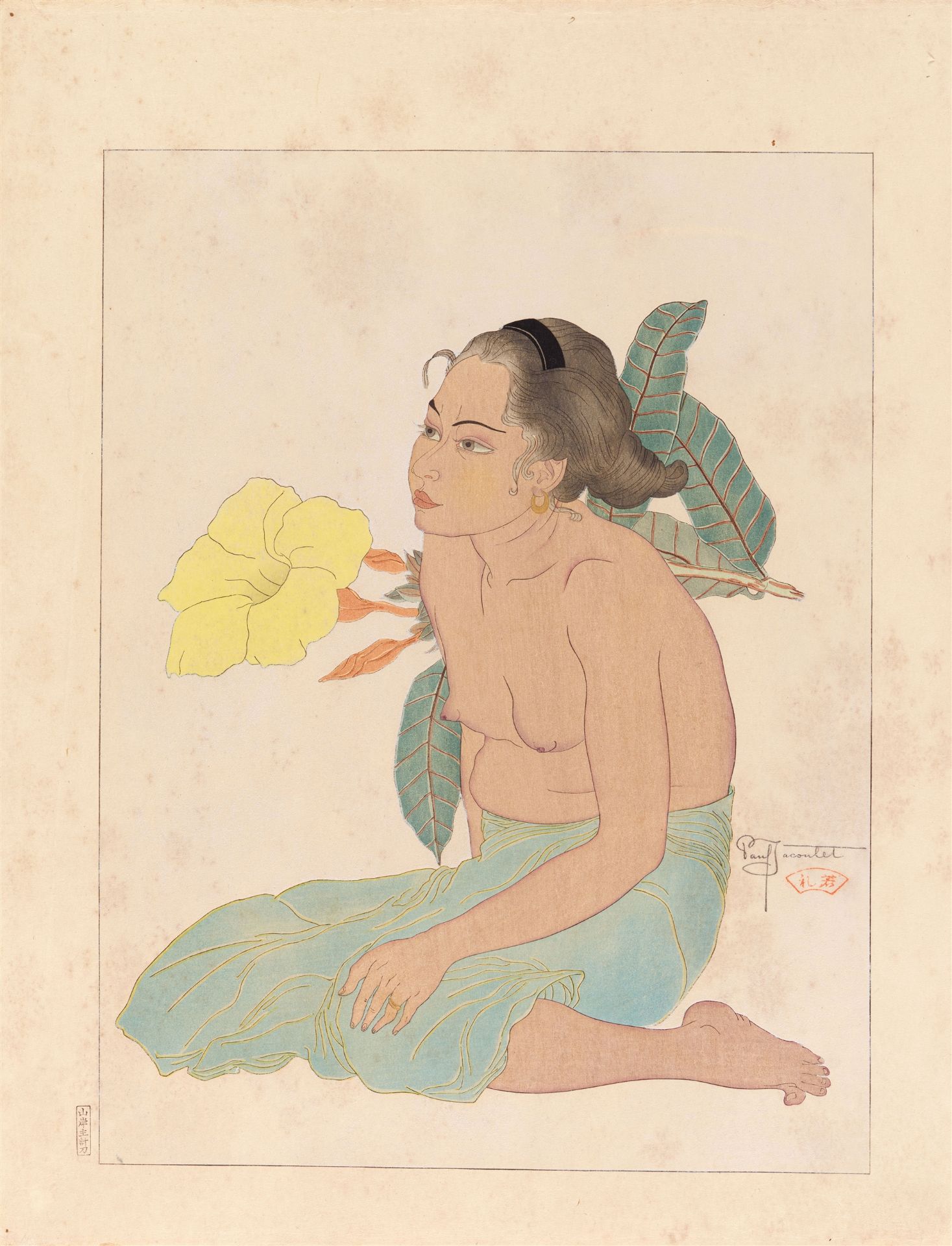 Paul Jacoulet, Jeune fille de Saipan et fleurs d’hibiscus. Marianes