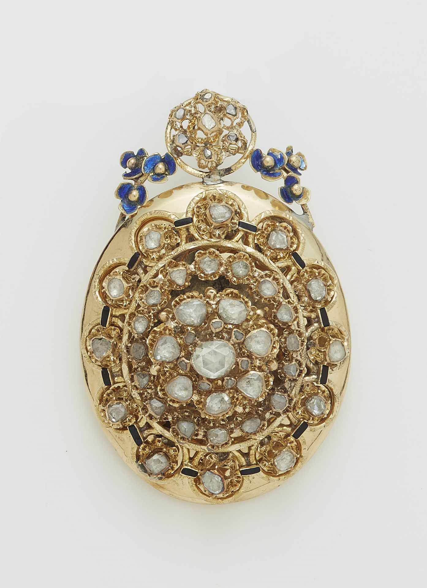 An Italian 14k gold enamel and rose-cut diamond locket.