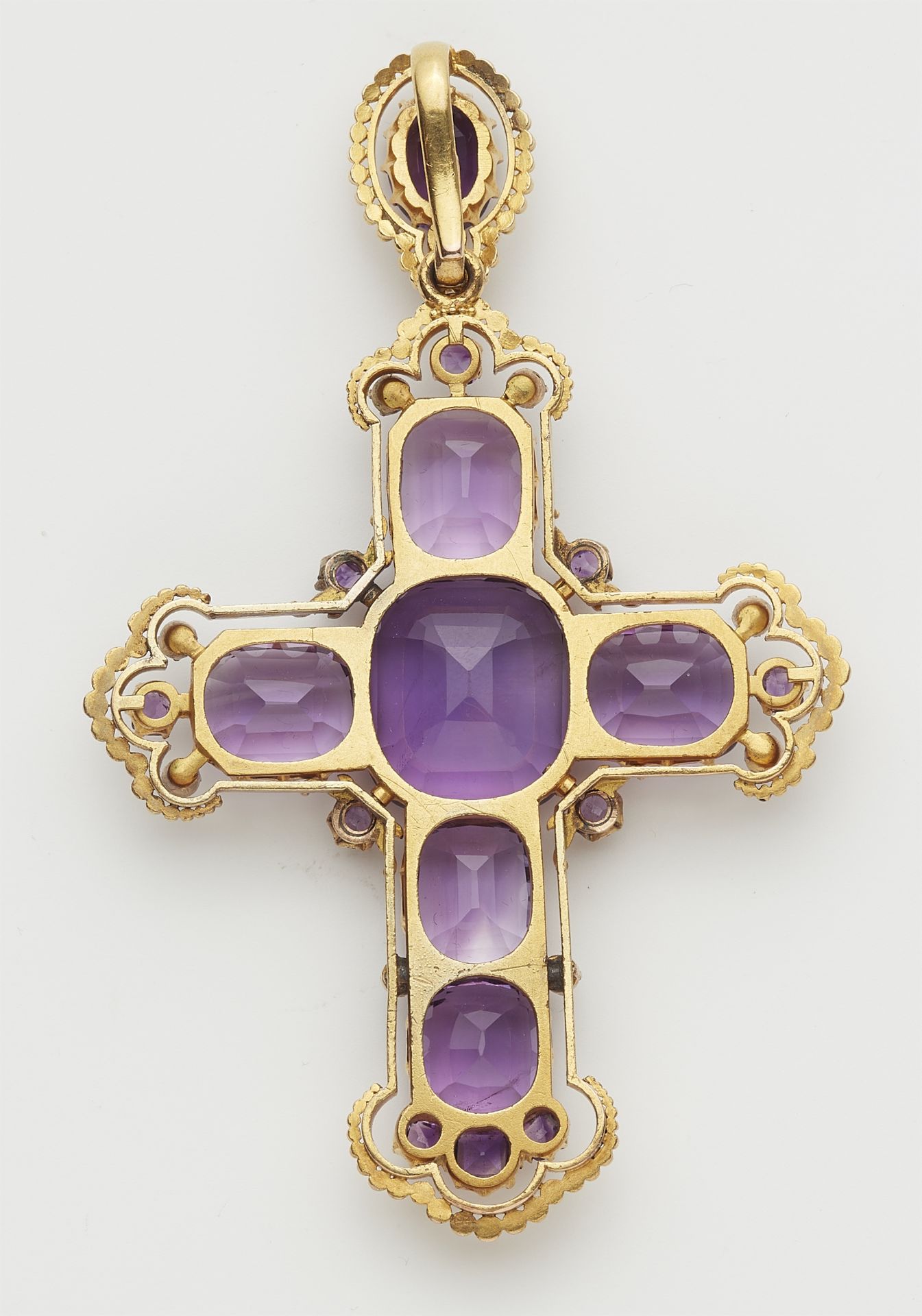 A historicist 14k gold and amethyst pectoral cross pendant. - Image 2 of 2