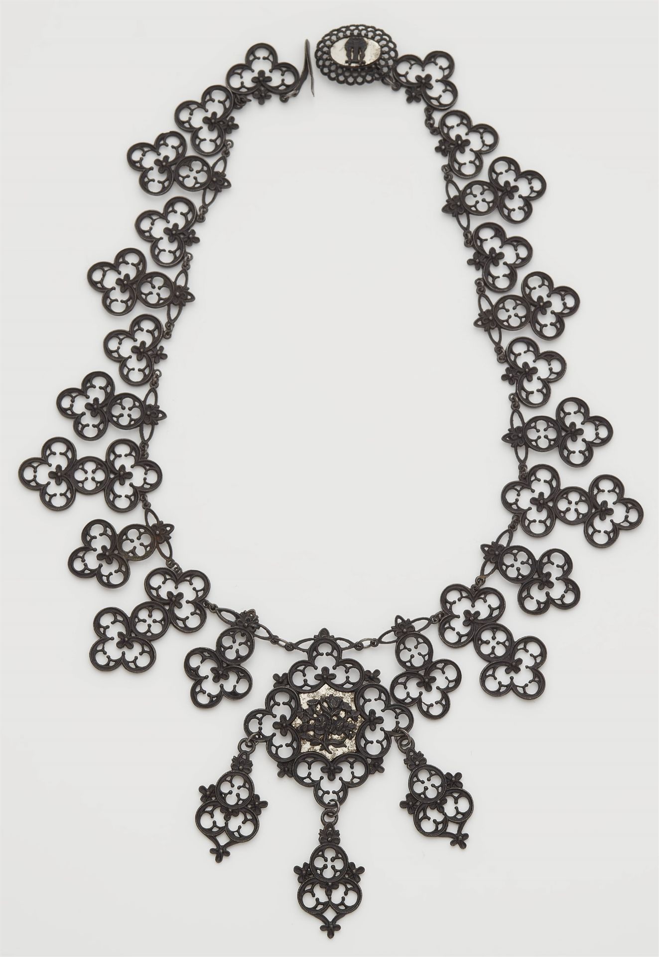 An early neo-gothic Berlin iron and steel necklace with large pendant in the style of Schinkel.