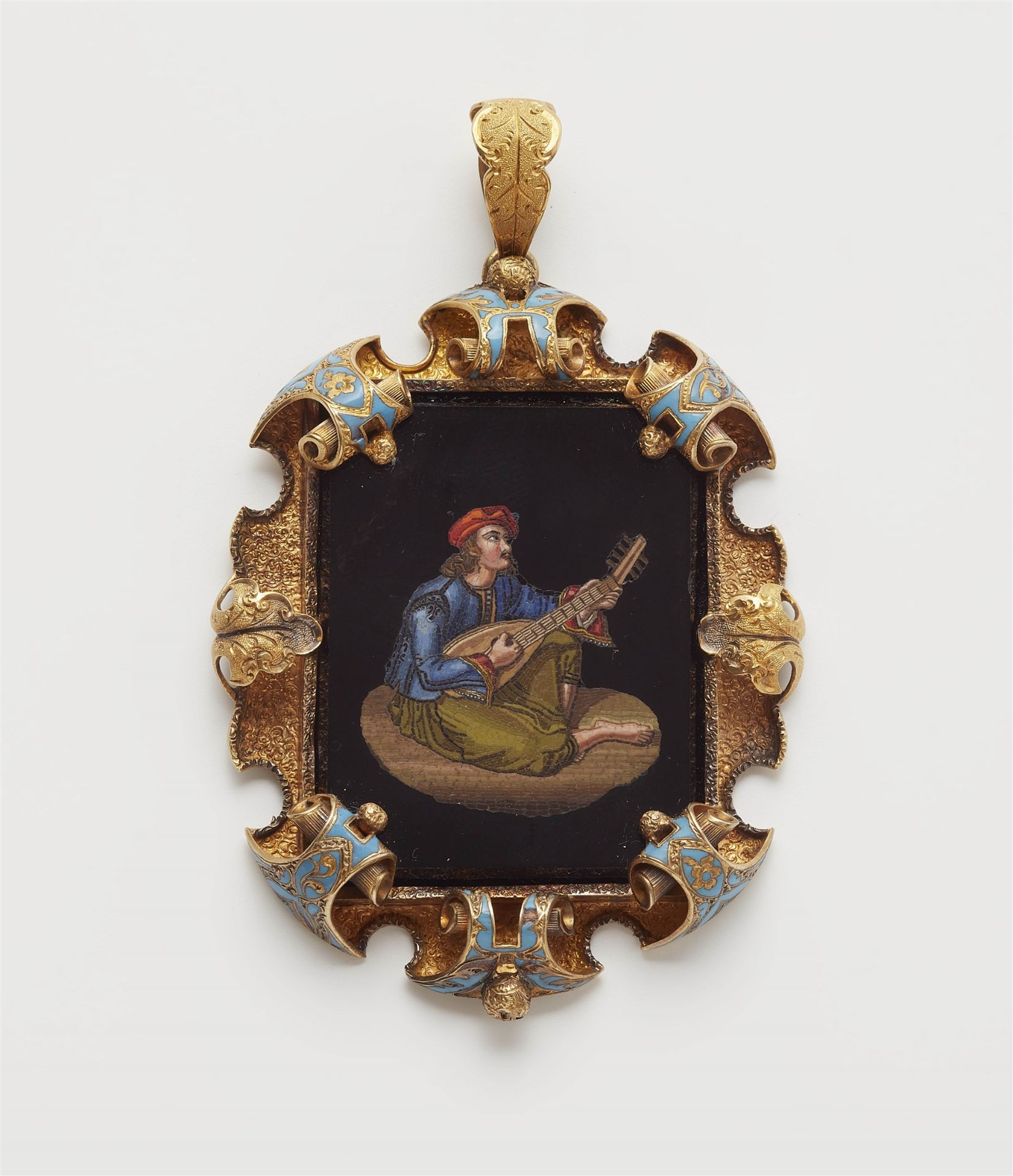 A 14k gold enamel repoussé pendant with a Roman micromosaic depicting a mandolin player in Roman cos