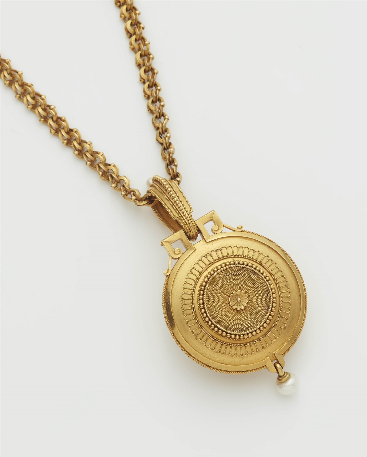 An Archeological Revival 18k gold granulation pearl and diamond locket with chain necklace. - Image 4 of 4